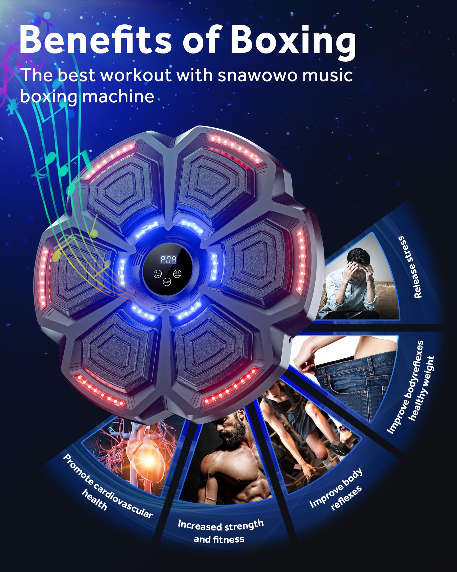 snawowo Music Boxing Machine Adulti - 9 modalità di velocità Macchina da Box Musical Pugile con Guanti da Boxe - LED Musica Bluetooth Boxe Allenamento per Casa