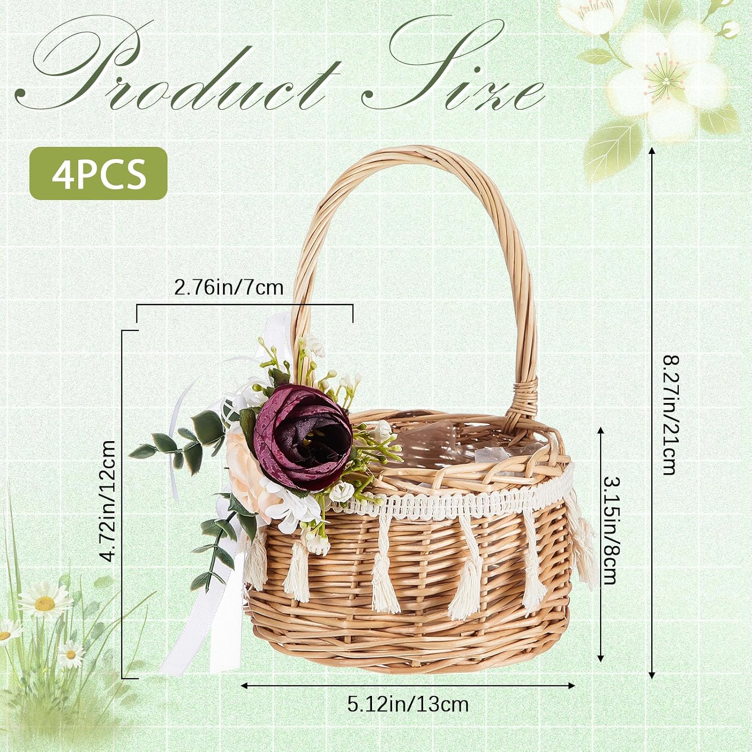 Thyle 4 Pcs Flower Basket with 4 Pcs Purple Wedding Wrist Corsage Small Rattan Woven 5.12 x 8.27 Inch Rustic Wicker Floral Basket with Artificial Flowers and Handle for Home Wedding Birthday Decor