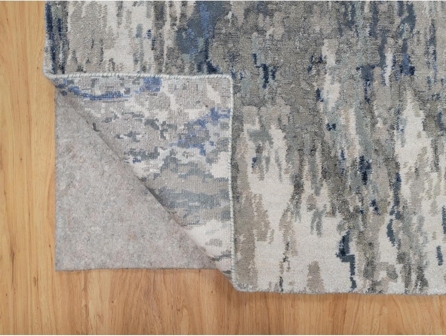 Abstract Design Hand Knotted Runner Rug, Gray and Blue, Wool and Silk, Hi-Low Pile, 2'7" x 10'2