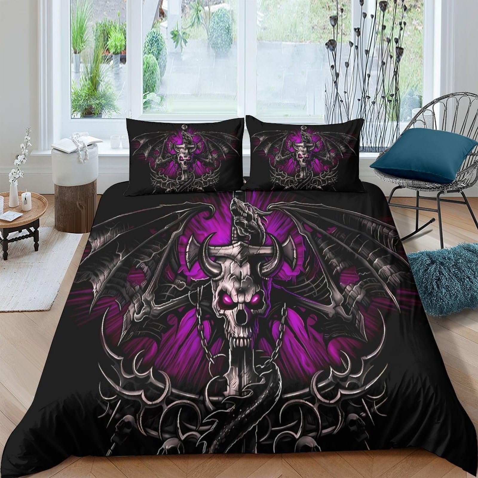 Ctjqhvkz Style-1 3D Printed Gothic Skull Dragon Fitted Sheet Microfiber Black Purple Mattress Cover For Bedroom Dorm Decor Easy Care Single（135X200cm）