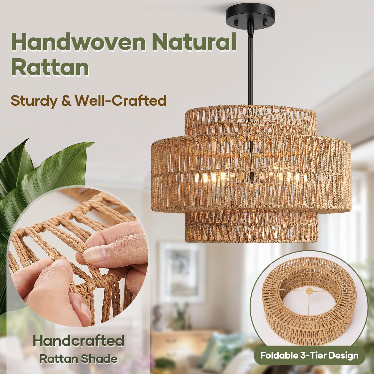 19" Boho Rattan Chandelier for Dining Room Light Fixture, 5-Light Hand Woven Wicker Pendant Light Fixture, Farmhouse Rustic Hanging Black Chandelier for Dining Room, Kitchen Island, Living, Bedroom