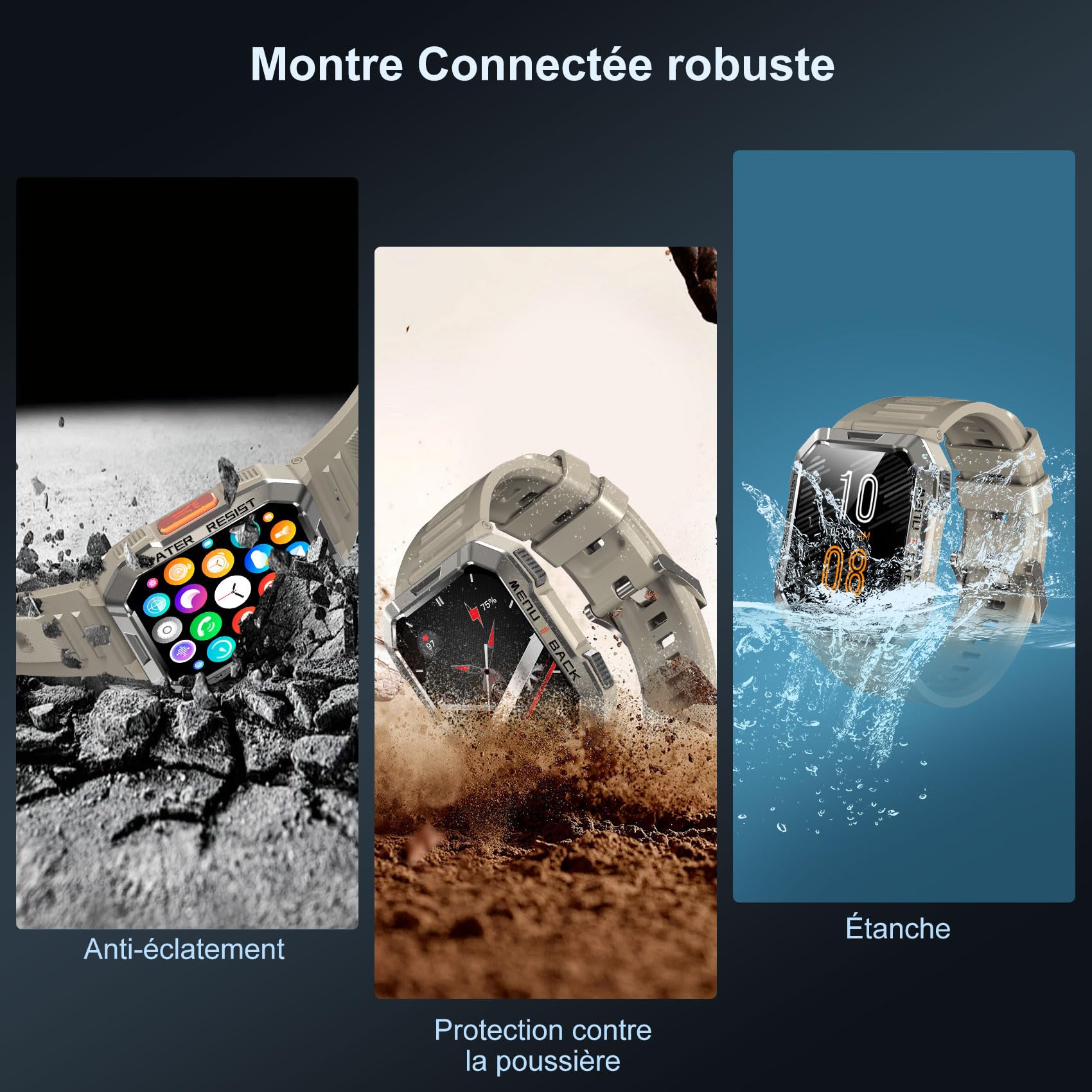 Blackview W60 Montre Connectée Homme, Fonction Ilumination, Double Bracelets, Écran 1.39" TFT, Cardiofréquence/SPO2 à 24 Heures, Analyse Sommeil, 100 Modes de Sport, pour Android/iOS (Kakhi)