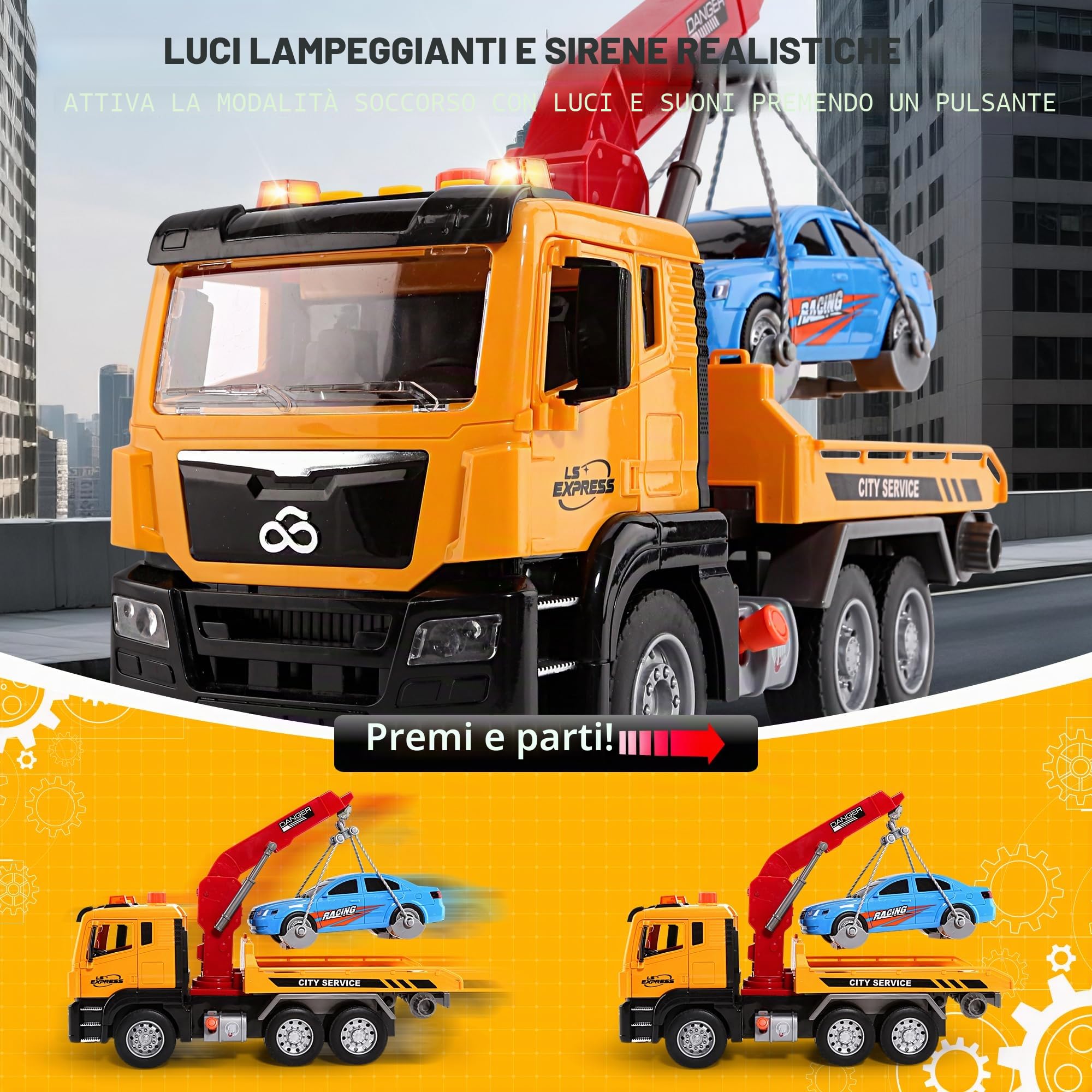 BunnyJOY Camion Giocattolo Bambini 3 4 5 6 Anni, Camion Soccorso Giocattolo con Luci e Suoni, Carro Attrezzi con Gru e Catena con Auto Inclusa, Regalo Bambini