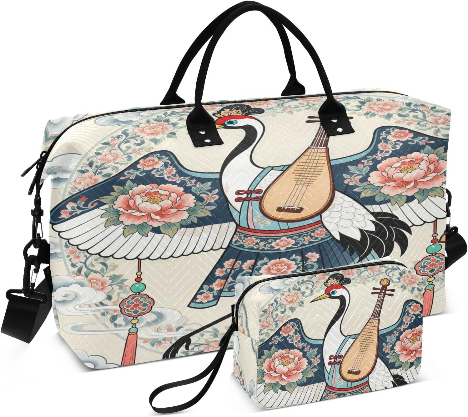Oriental Art Travel Duffel Bag Set, Chinas Crane and Peony Print, Quilted Polyester, Large 20.5x7.9x13.8 inch with Matching Toiletry Pouch, Multiple Pockets, Convertible Design for Travel