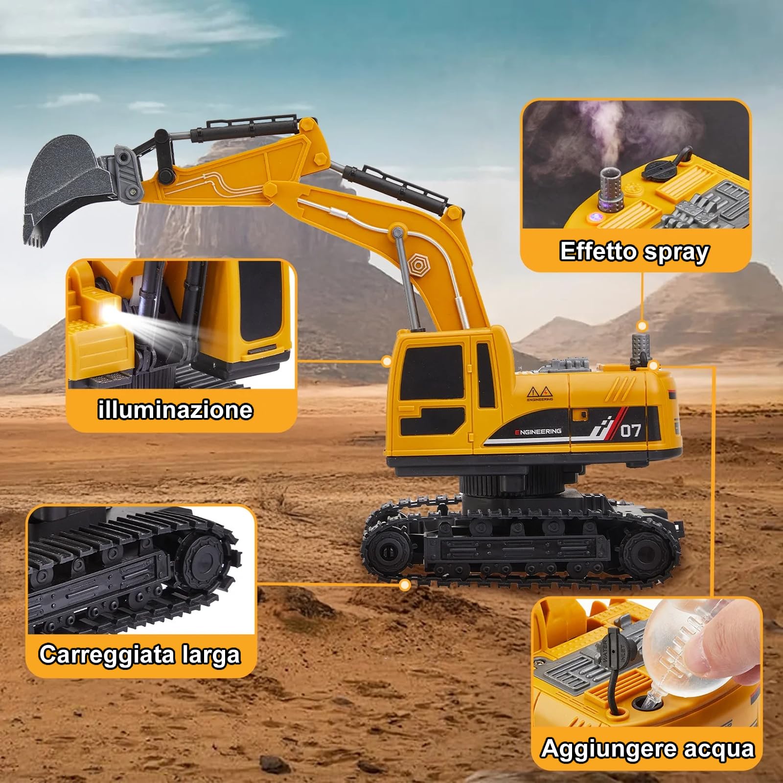 1:22 Escala 11 Canales 3 en 1 Excavadora teledirigida para niños, excavadoras inalámbricas con pala de metal, excavadora hidráulica con luces y sonidos y spray, regalos para niños de 4 a 7