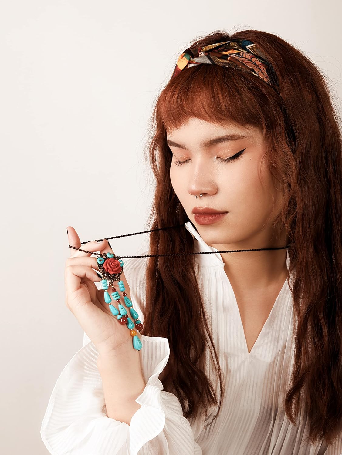 MINACHI Vintage Bohemian Colorful Ceramic Bead Antique Flower Y Necklace, Vintage Boho Hippie Statement Jewelry Gift for Women - Image 6