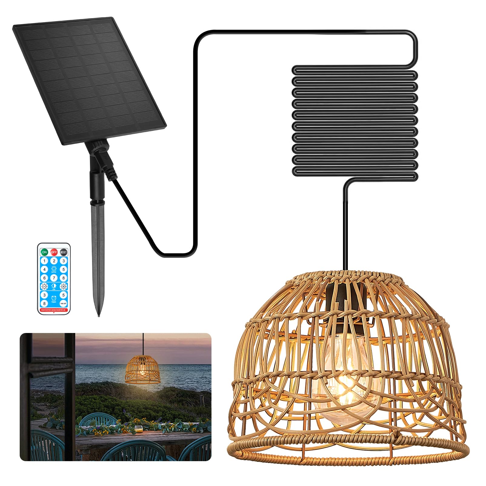 Solarlampen für Außen Garten Solar Hängelampe Outdoor Rattan Hängeleuchte Hängend mit Fernbedienung Dimmbare IP65 Wasserdichte Solarlampen Pendelleuchte,für Balkon Pavillon(mit 5M Kabel)