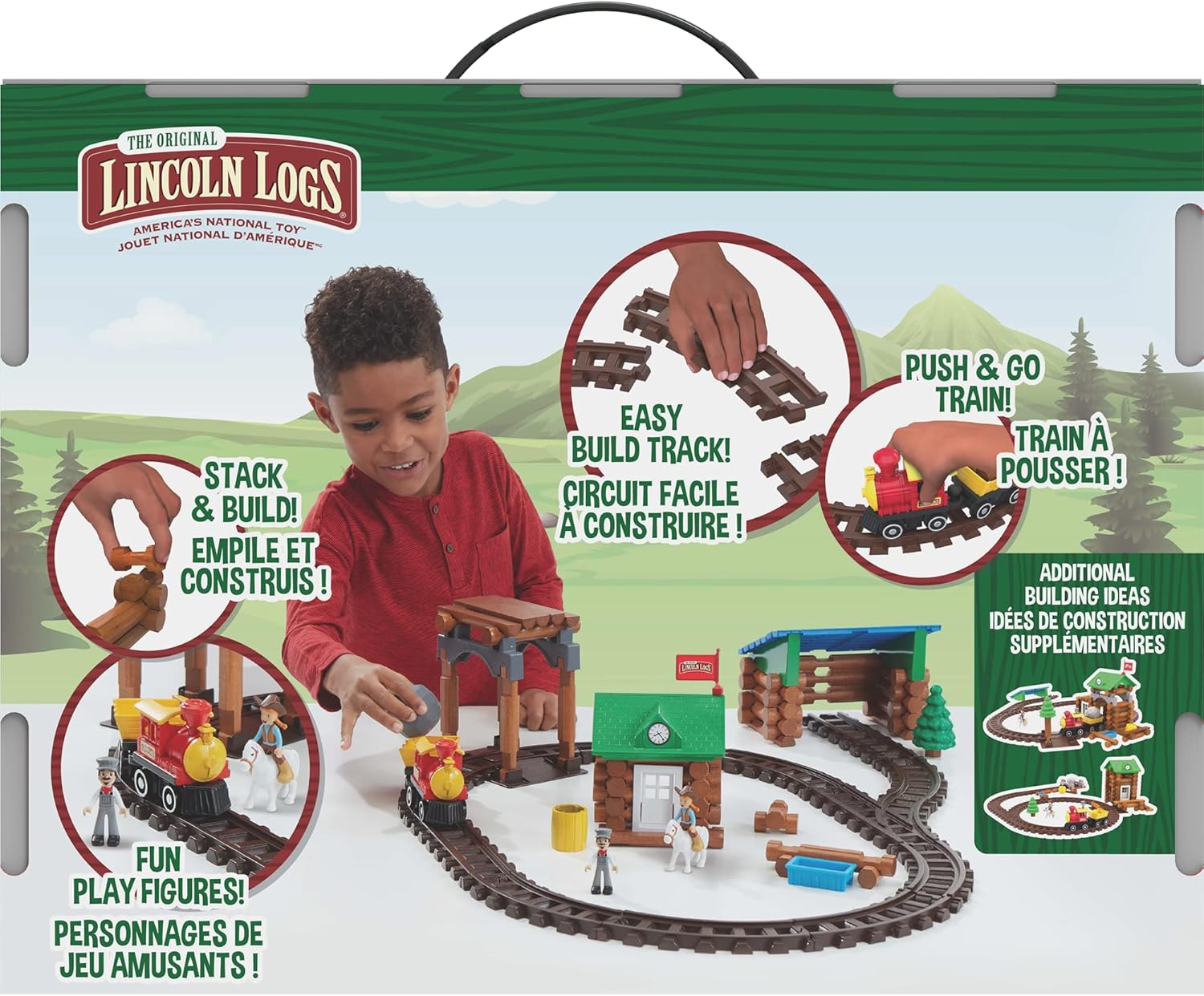 Back of the Lincoln Logs Sawmill Express Train Set box showing contents and features
