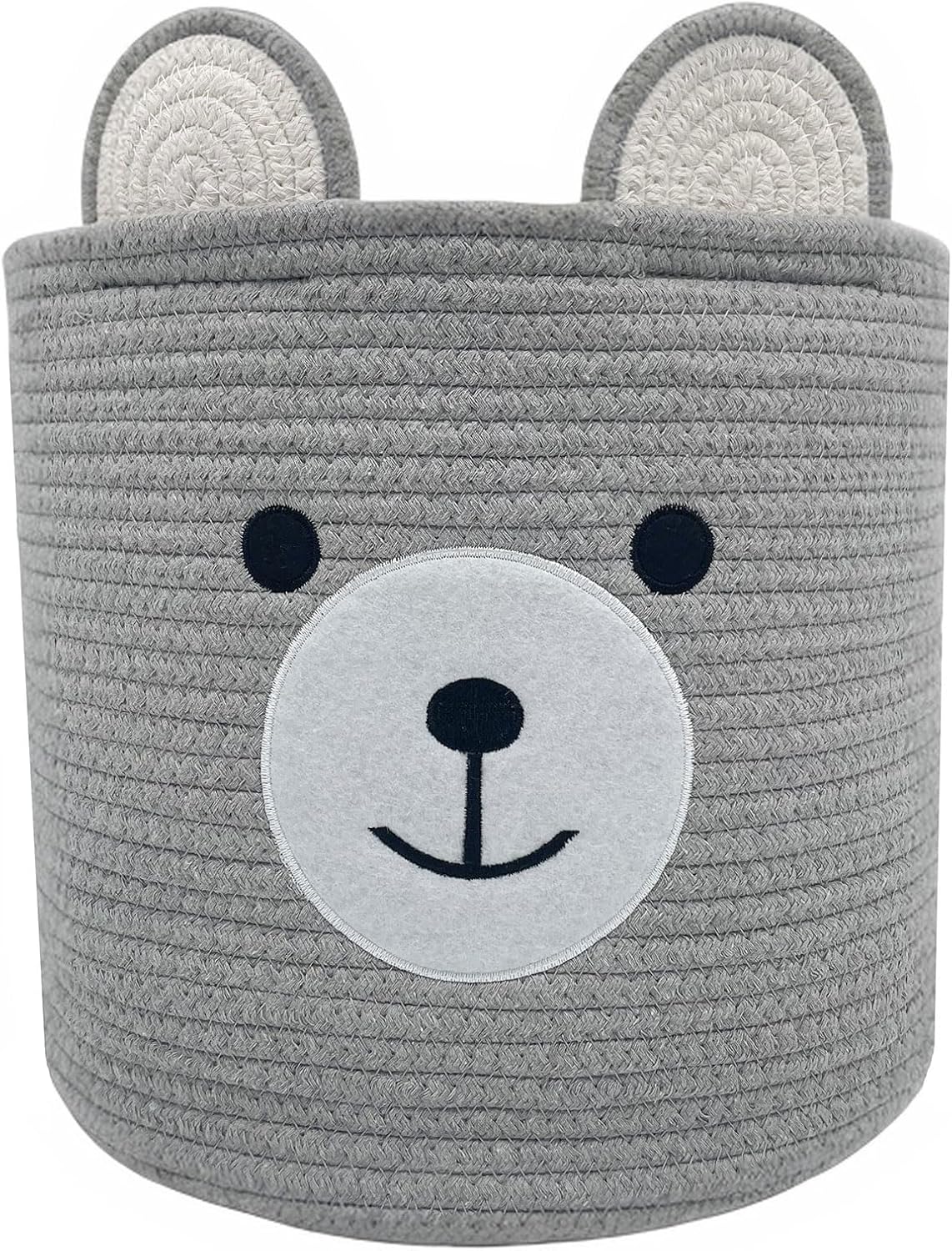 Bear Basket, Cotton Rope Laundry Basket, Hamper for Girls Kids Baby, Nursery Hamper Bin, Woven Storage Shower Basket for Living Room Girls Room Boho Baskets for Blanket Toys 13.5"D x 12"H (Light Grey)