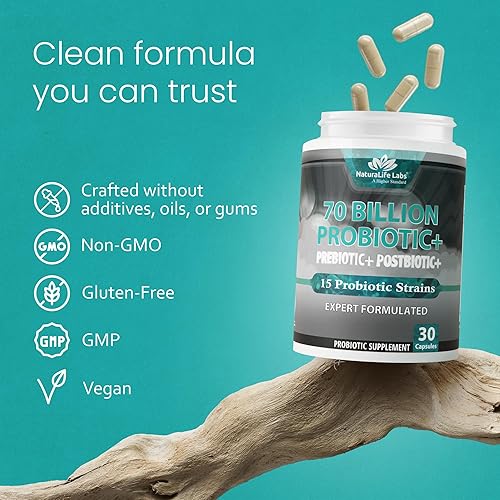 Miniatura 7 de NaturaLife Labs Probióticos 70 mil millones de CFU – 15 cepas con prebiótico y postbiótico orgánico – Fórmula 3 en 1 – 30 cápsulas veganas