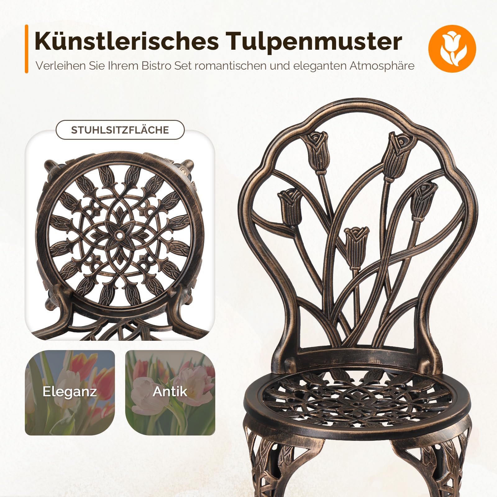 Bonnlo Bistro Set, Bistrotisch mit 2 Stühlen & 2 Kissen, Gartenmöbel Set aus Gussaluminium, Wetterfest & Abnehmbar, für Garten, Balkon, Terrasse & Indoor, Bronze mit Kontrast-Kissen in Weiß