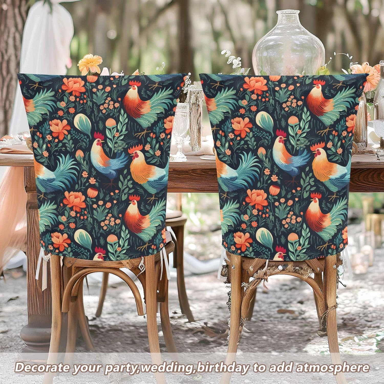 ALAZA Rooster Cute Floral Chair Back Cover Set of 6, Washable Reusable Removable Chair Slipcovers Decorative Chair Cover for Home Kitchen Wedding Party
