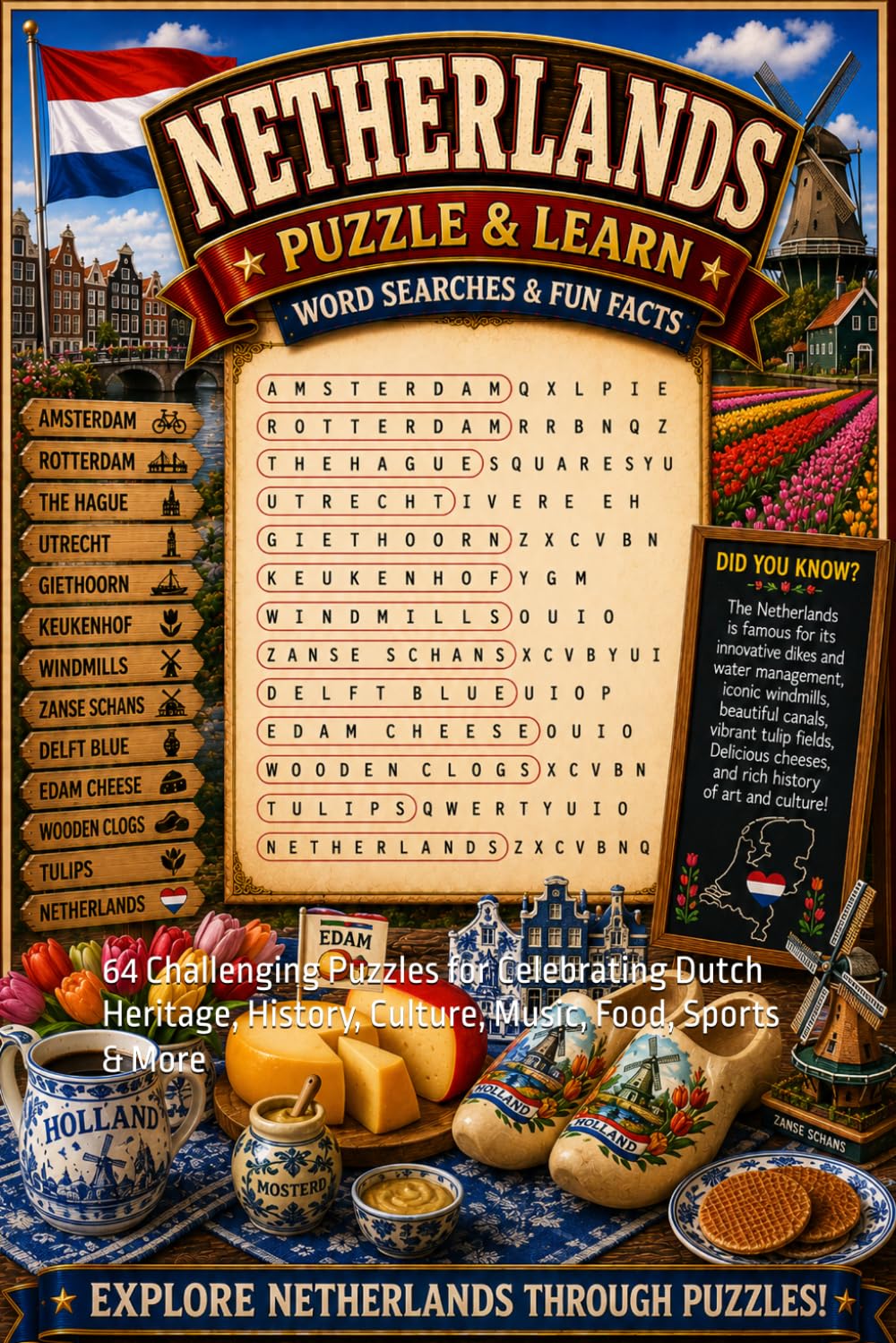 Netherlands Word Search Puzzle and Learn: 64 Challenging Puzzles for Celebrating Dutch Heritage, History, Culture, Music, Food, Sports & More (Explore The World Word Search Series - Puzzle and Learn)
