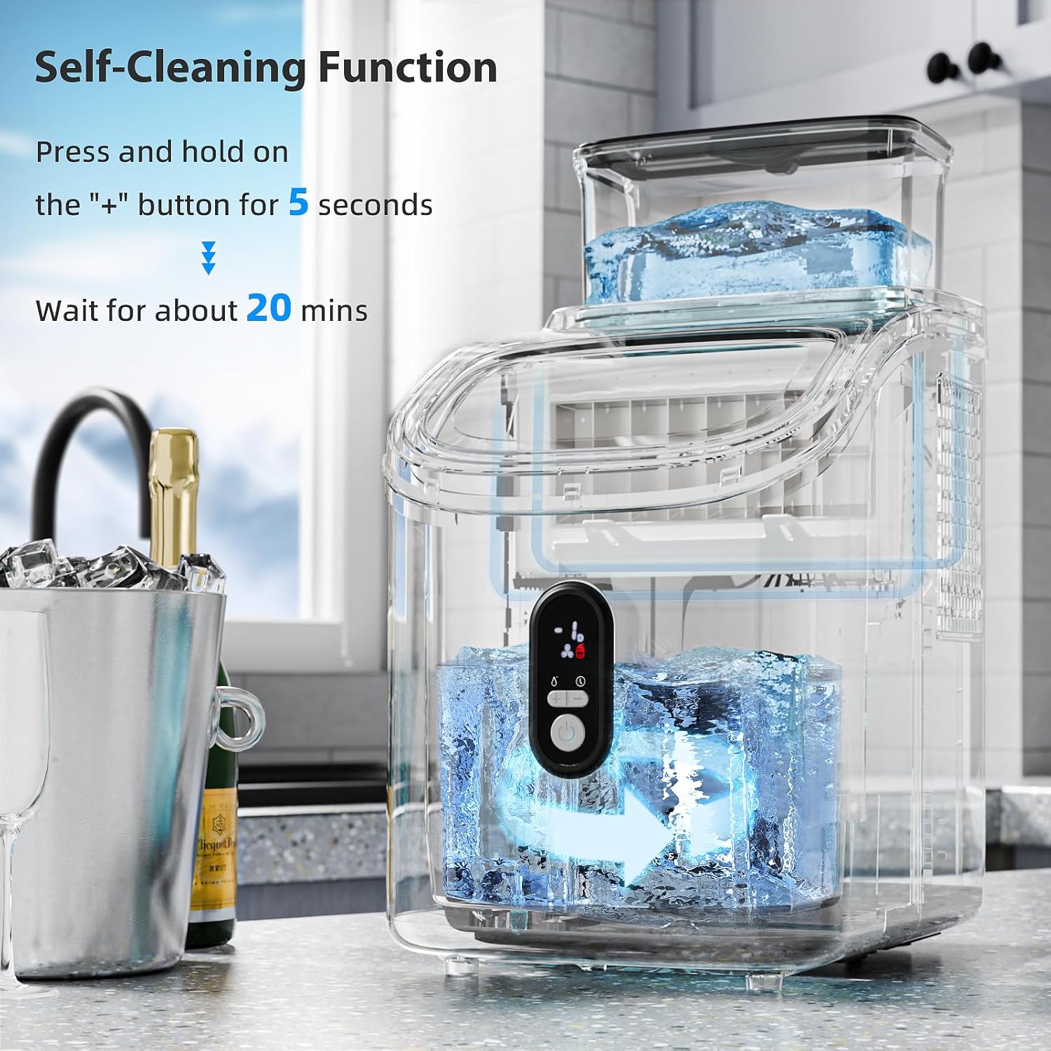 Self-Cleaning Function: Press and hold '+' button for 5 seconds, wait for about 20 mins