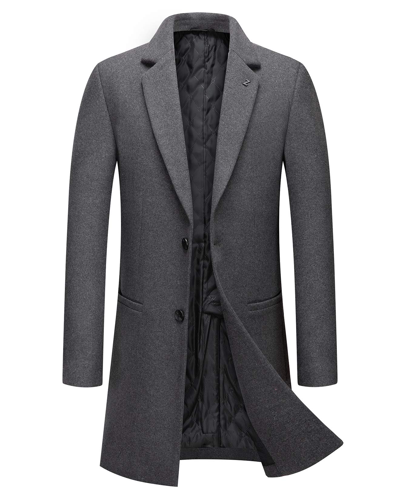 PRIJOUHEMen's Wool Trench Coat Single Breasted Slim Fit Mid-Length Notched Collar Winter Overcoat Quilted Pea Coats