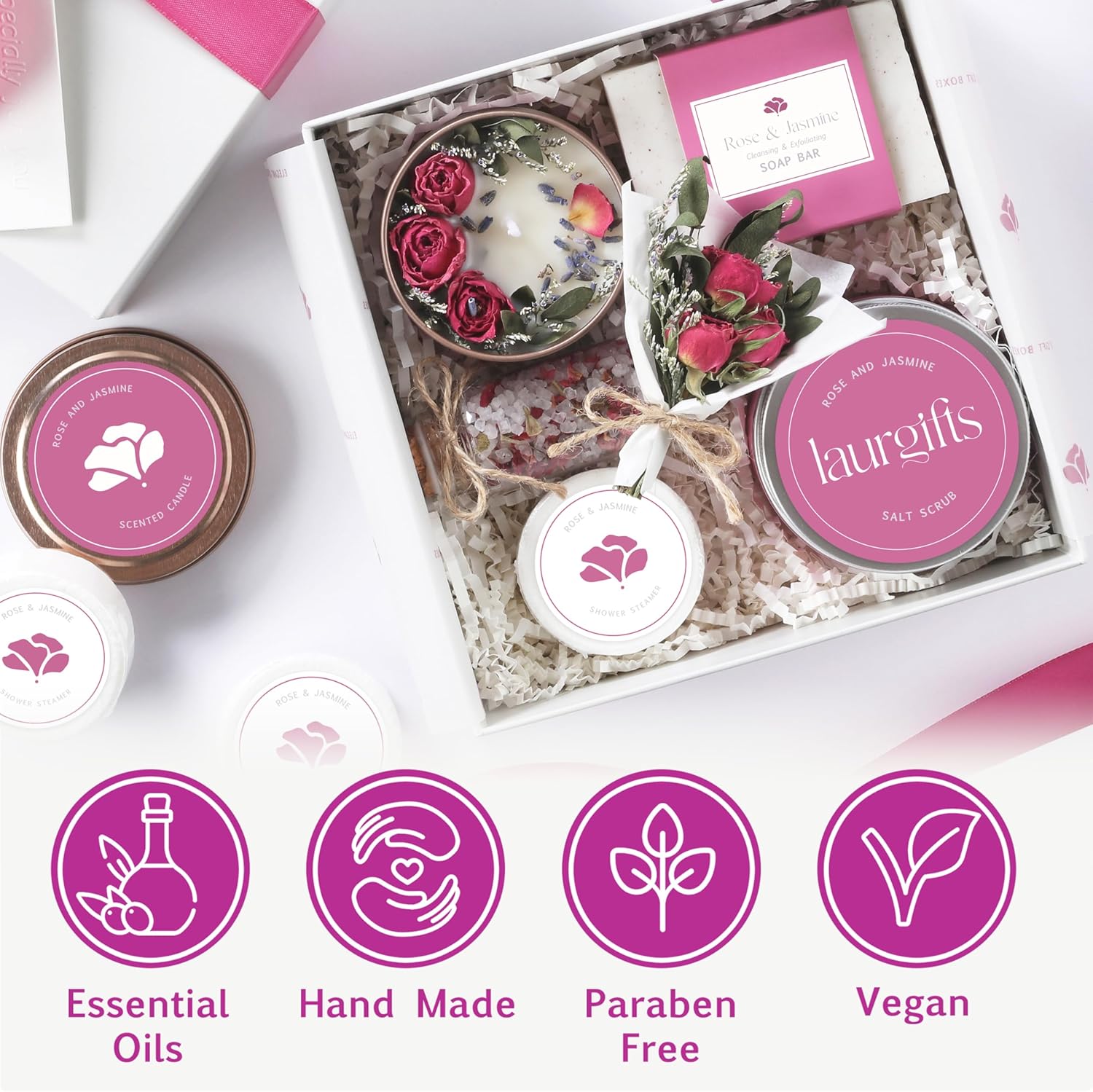 Spa Gift Set for Women – Rose & Jasmine Candle Gift Set with Bath Treats – Birthday Gift Basket for Women, Mom or Friend – Relaxing Self Care Spa Box - Image 4