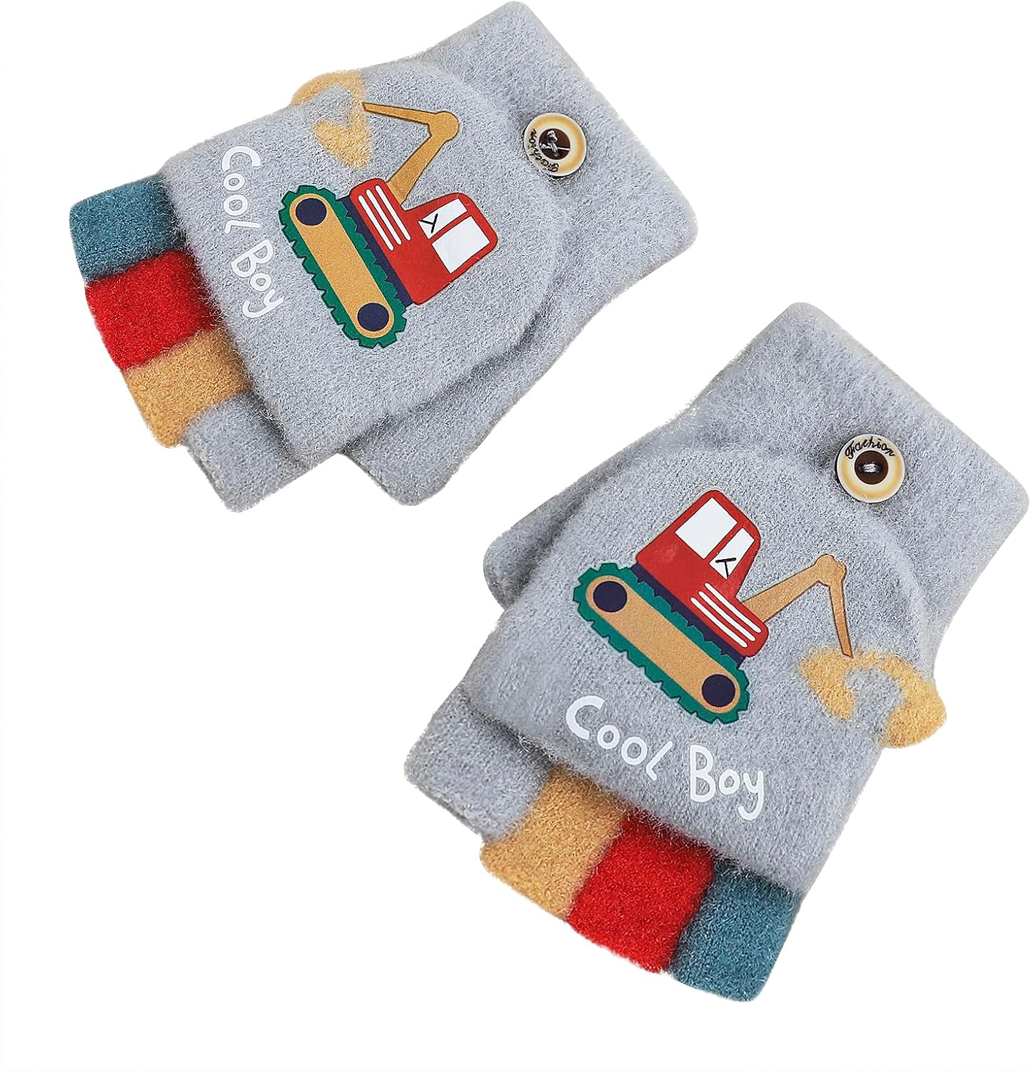 TINAYAUE Kids Fingerless Gloves Mittens Cartoon Convertible Flip Top Cycling Warm Knit Gloves for Boys Girls 3-5 Years