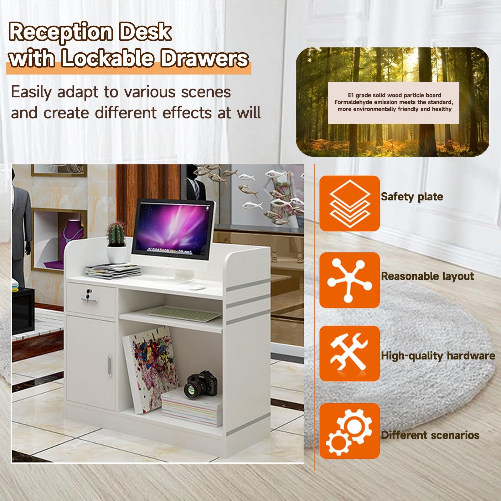 Bureau de réception verrouillable en teck – Comptoir polyvalent pour barbiers, restaurants, salons de beauté et cafés – 120 cm Design élégant pour un usage professionnel