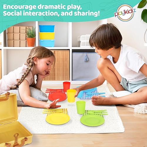 Miniatura 5 de Cesta de picnic para niños, juego de 25 piezas de plástico para fiesta de té, juego de platos de juego de simulación de colores, juguetes de cocina