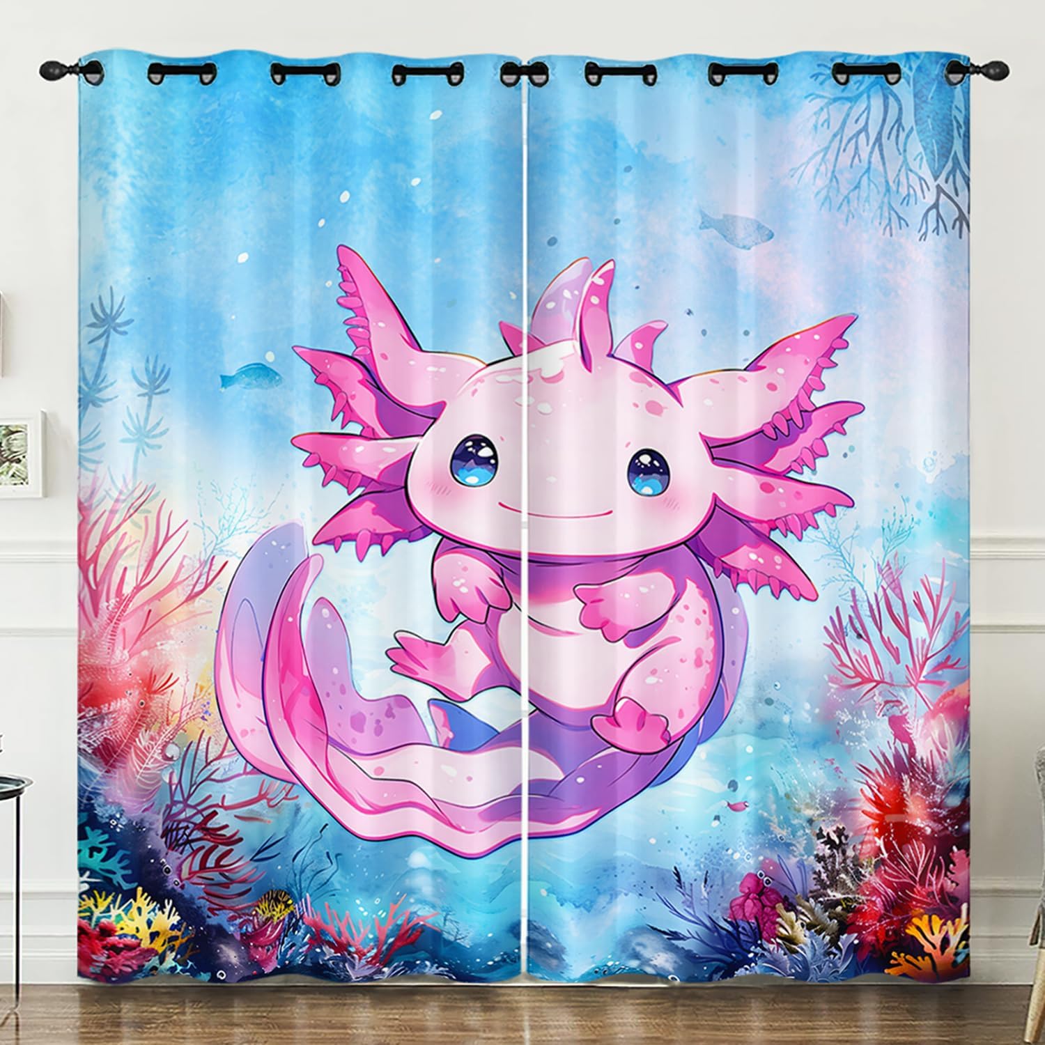 AILONEN Kids Kawaii Axolotl Pink Window Curtain,Blue Ocean Watercolor Cartoon Axolotl Window Drapes (2 Panels Set) 38" W x 54" H for Girls Teens