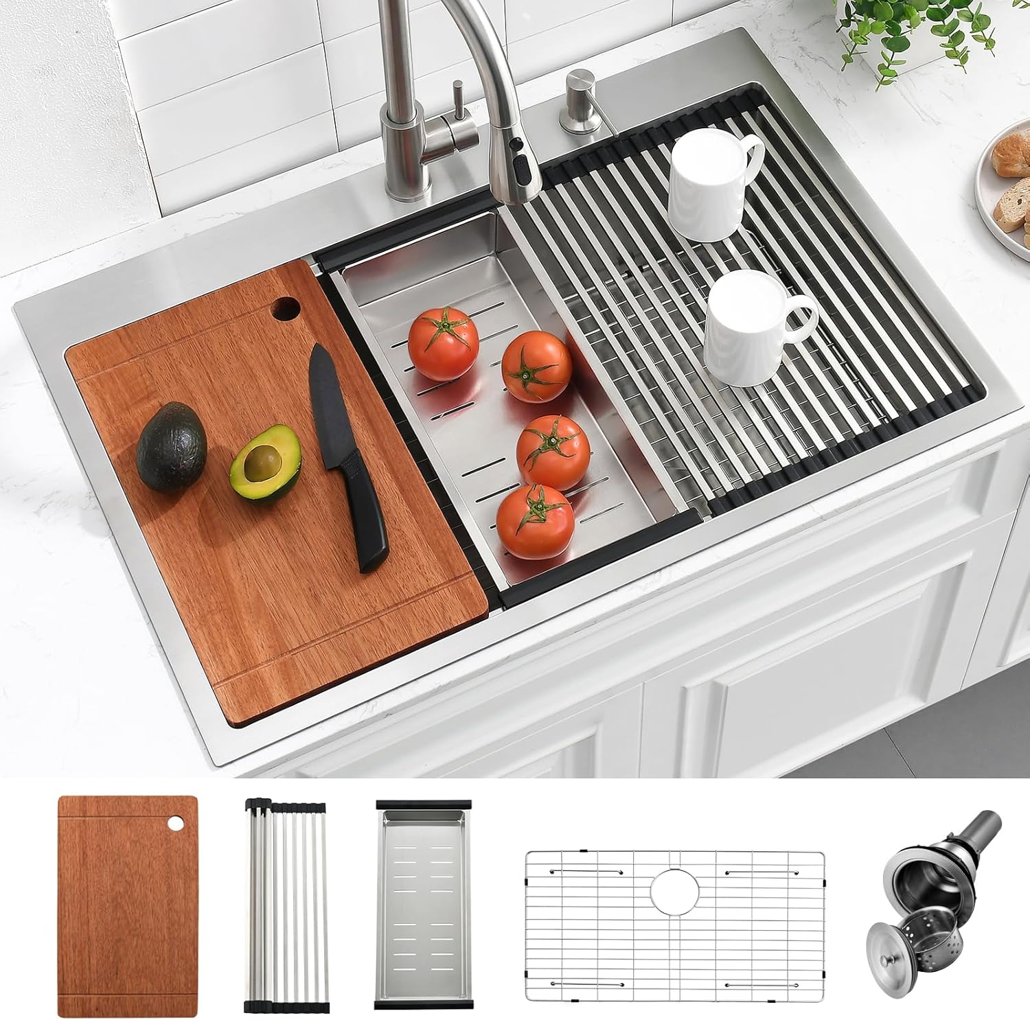 33 Inch Drop In Kitchen Sink, Gabhar 33x22 Inch 16 Gauge Stainless Steel Drop In Workstation Single Bowl Kitchen Sinks With Accessories For Kitchen Remodel