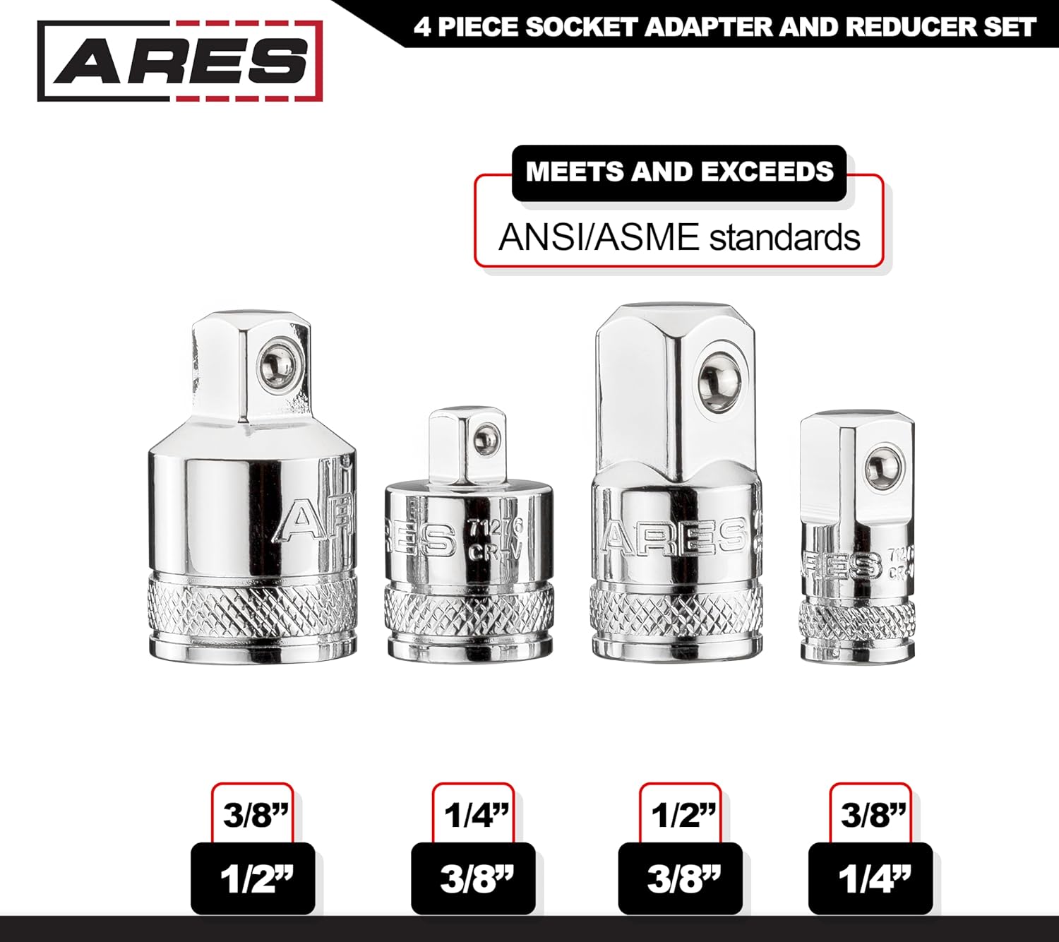 ARES 70007-4-Piece Socket Adapter and Reducer Set - 1/4-Inch, 3/8-Inch, & 1/2-Inch Ratchet/Socket Set Extension/Conversion Kit - Premium Chrome Vanadium Steel with Mirror Finish