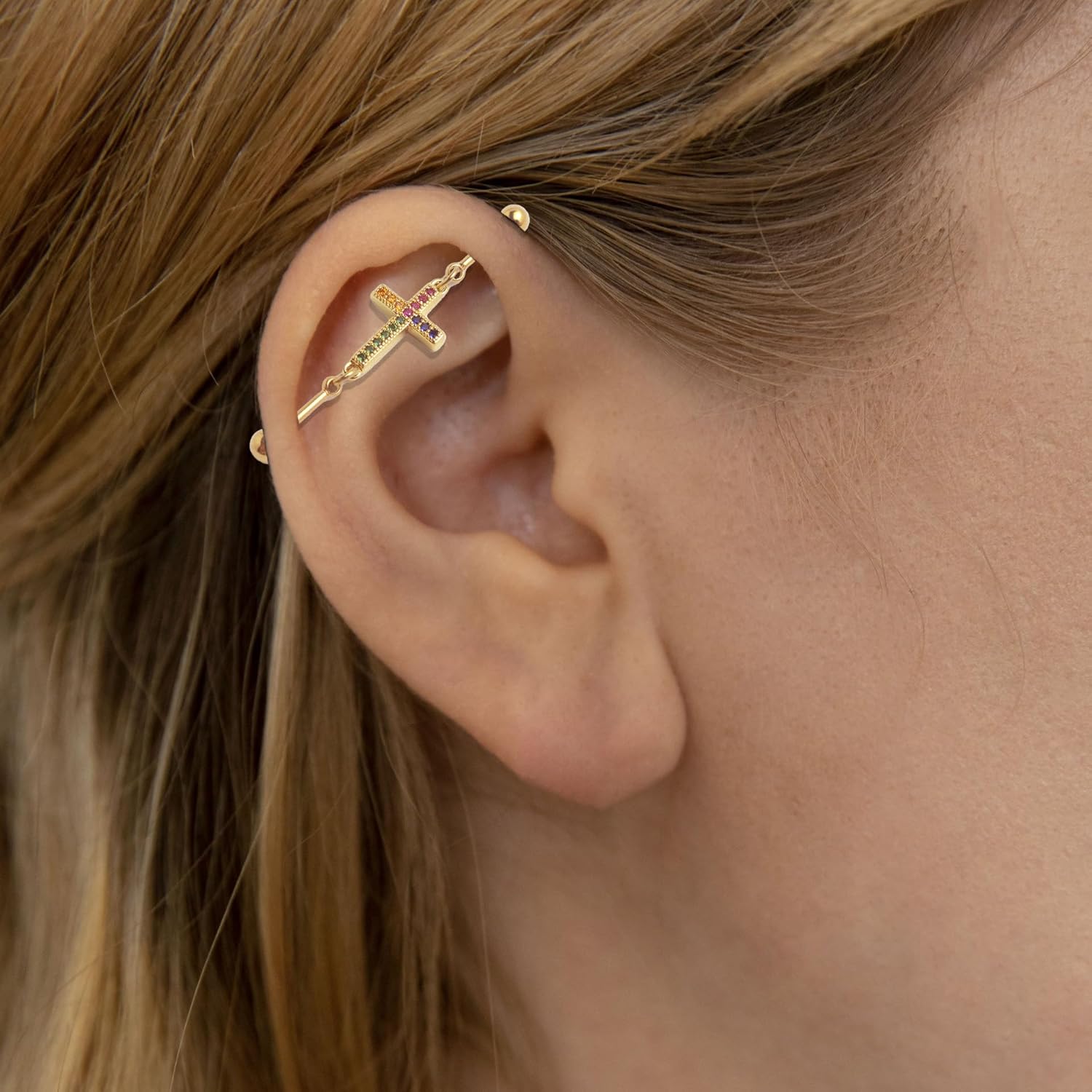 16G Colorful CZ Cross Chain Industrial Barbell Earring for Women Gold Plated Stainless Steel Chained Industrial Piercing Jewelry Double Piercing Earring - Image 2