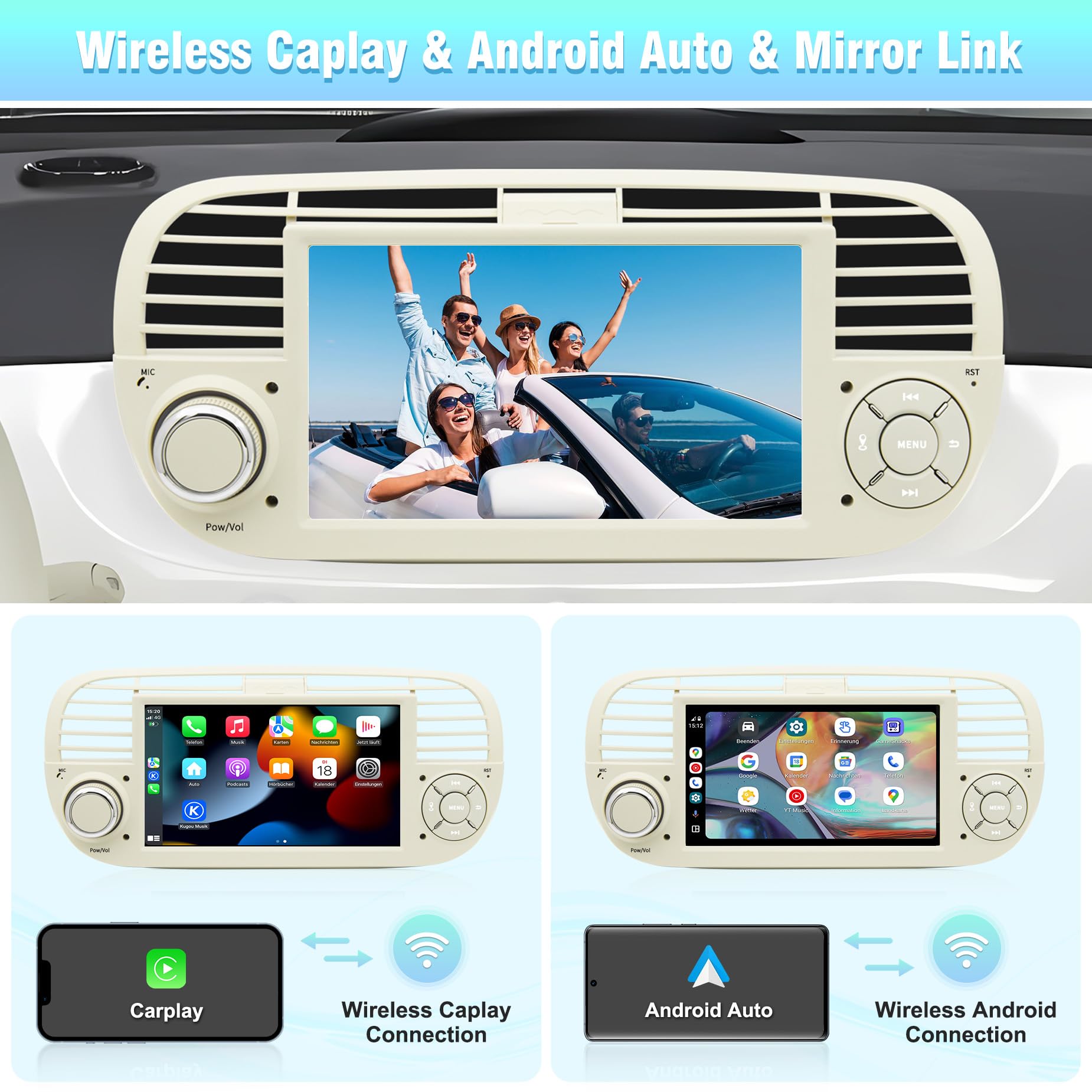 Autoradio pour Fiat 500 2007-2015 avec CarPlay/Android Auto sans Fil, Blanc | Caméra de Recul, Bluetooth, GPS/FM/Wi-Fi/RDS, Commande au Volant, Contrôle Vocal, 2+64Go Android Poste Radio Écran Tactile 7″