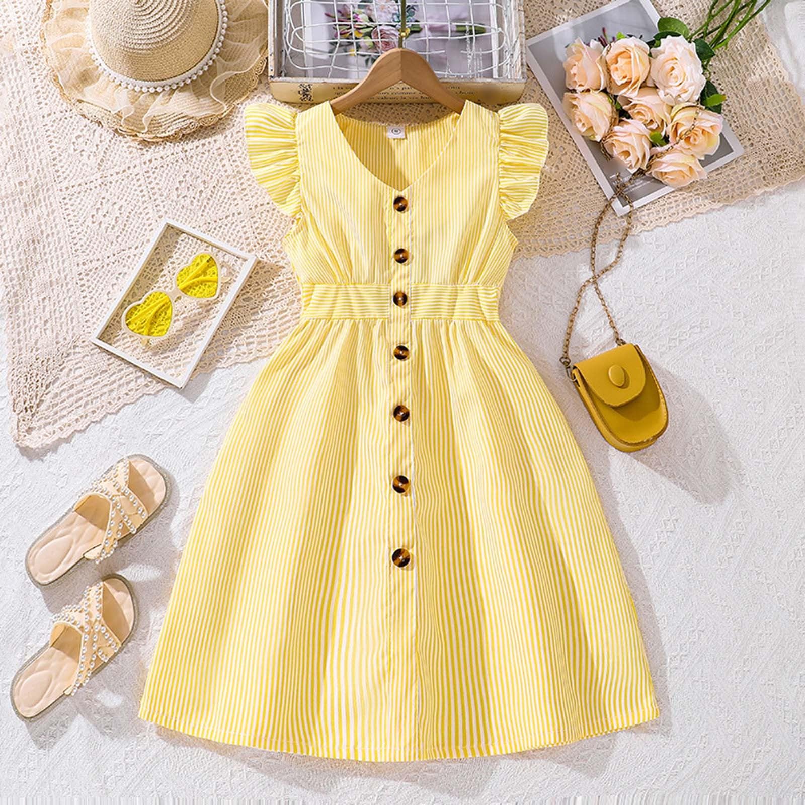 Vestito Estivo Casual da Bambina Senza Maniche, a Trapezio, con Bottoni, Orlo a Balze, a Righe, 8-12 Anni