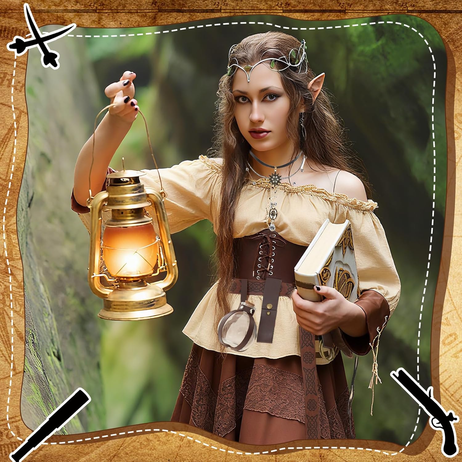 Geyoga Women Pirate Costume Set with Renaissance Pirate Shirt Dress Corset Waist Belt Potion Bottle Halloween Medieval Outfit - Image 3