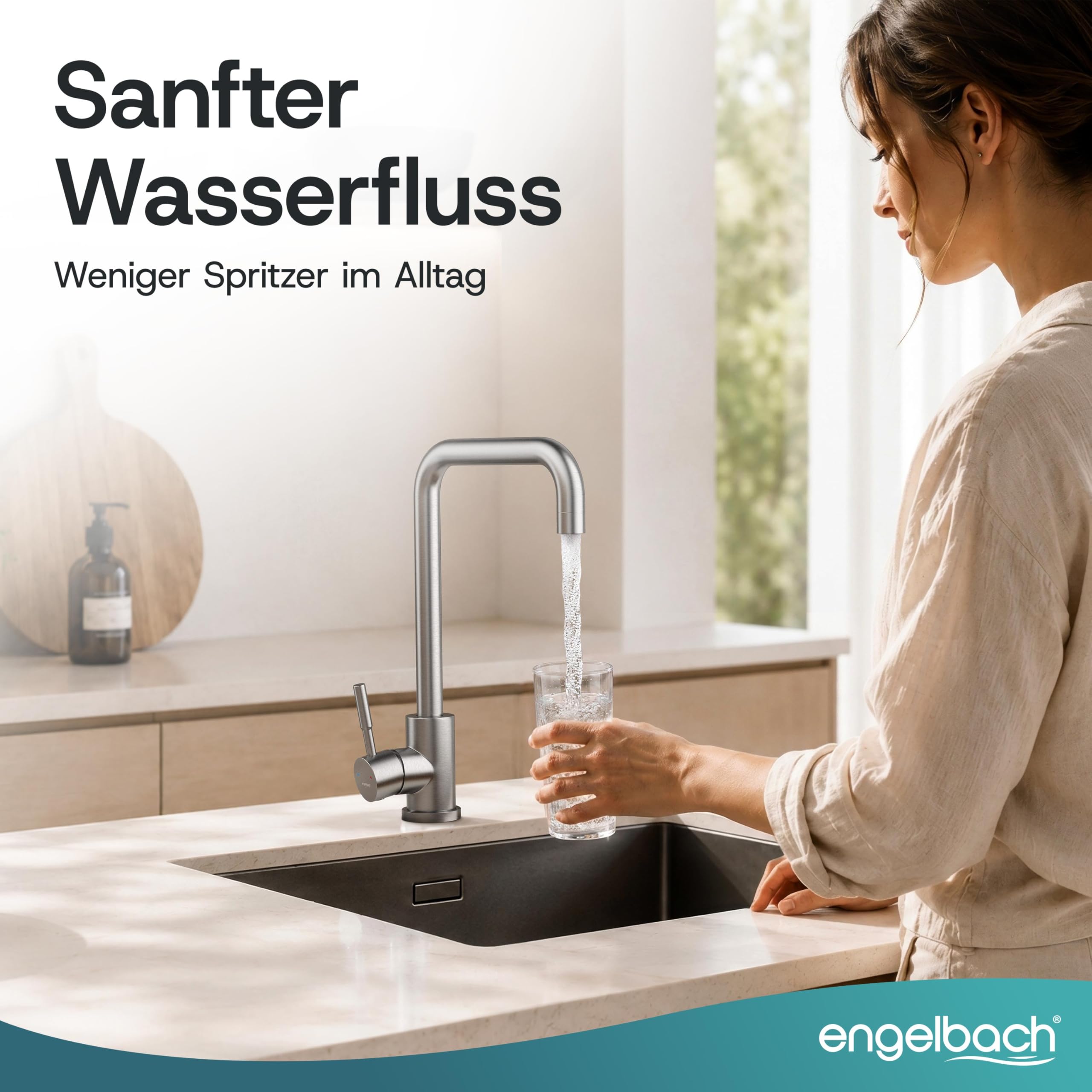 Engelbach® Wasserhahn Küche - 360° Schwenkbare Küchenarmatur aus 304 Edelstahl - inklusive tropffreier Keramikkartusche, Spültischarmatur, Mischbatterie, Gebürstet