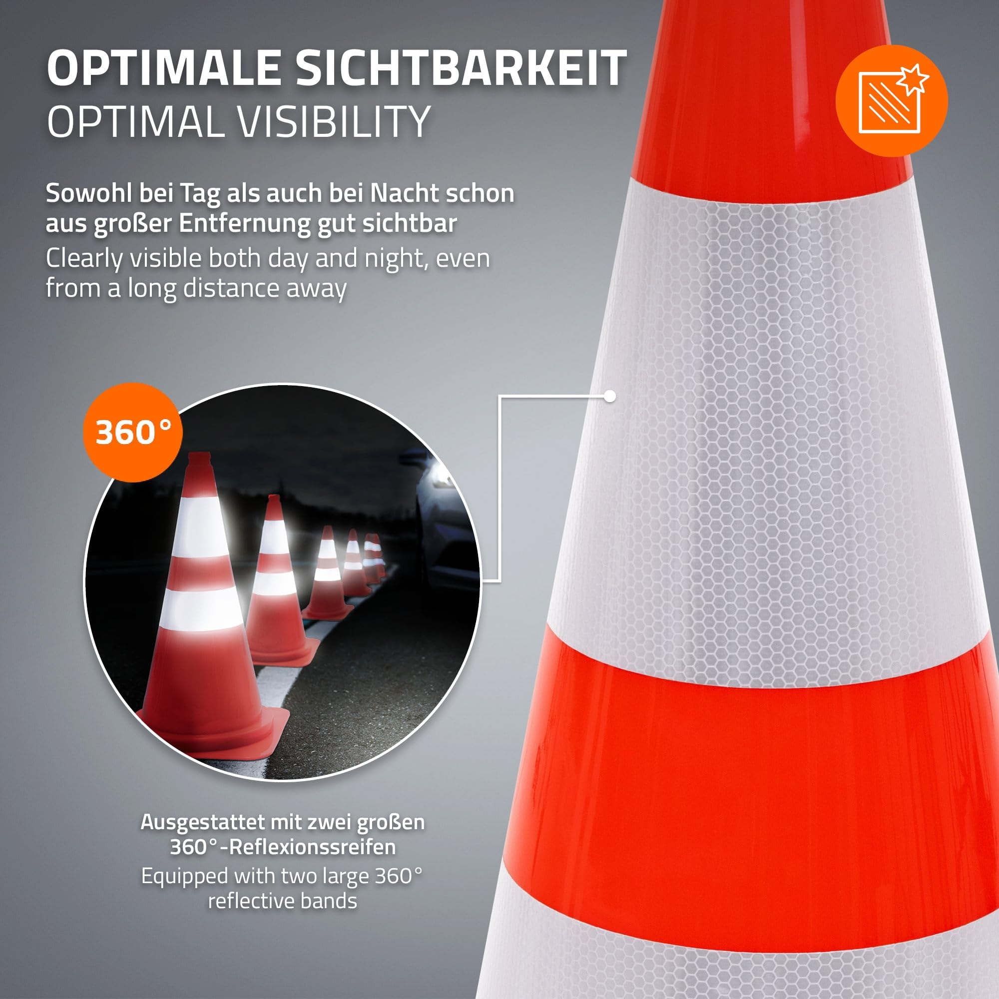 ECD Germany 3x Conos de Señalización 75 cm, Pilón de Tráfico Apliable Naranja con 2 Bandas Reflectantes y Muesca para el Dedo, Pieza Robusta para Advertencia de Seguridad, Emergencia, Entrenamiento