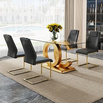 Ebullient Modern Dining Table Set for 4 ,5 Piece Dining Table Chairs Set for 4,Glass Table Top and MDF Base,Rectangular Dining Room Table with 4 PU Leather Upholstered Dining Chairs for Kitchen