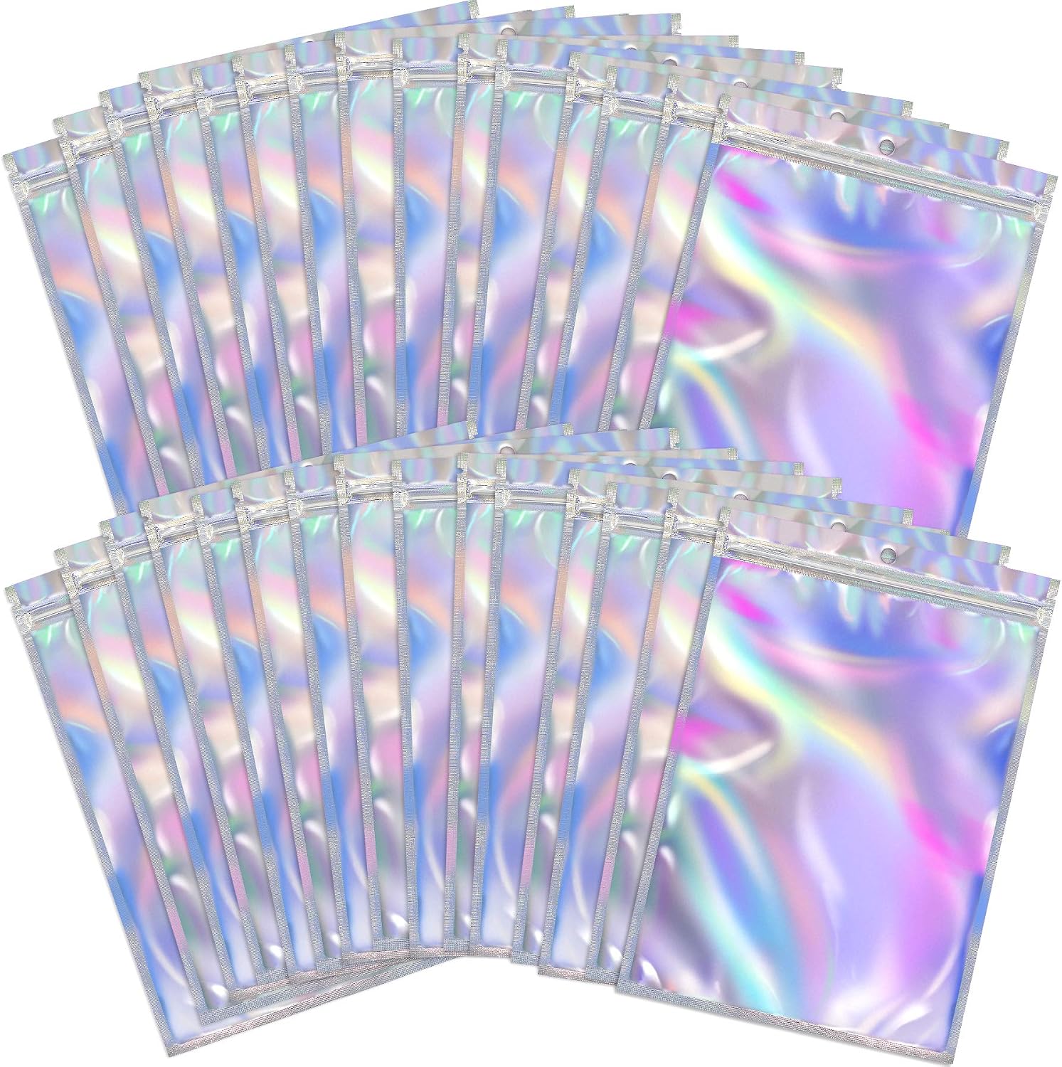 BQTQ 150 Pieces Holographic Packing Bags Resealable Foil Bag Smell Proof Bags Foil Pouches Holographic Ziplock Bags Flat Metallic Aluminum Food Storage Bag(Holographic Color, 7 x 9 Inch)