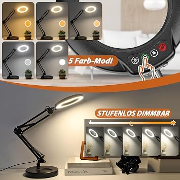 Veemagni 12X Lupe mit Licht 5 Farbmodi Stufenlos Dimmbar 2-in-1 Schreibtischlampe und Klemme LED Beleuchtete Lupe mit Licht und Ständer Hände Frei für Handwerk Hobby Malerei Schließen Arbeit [Energieklasse E]