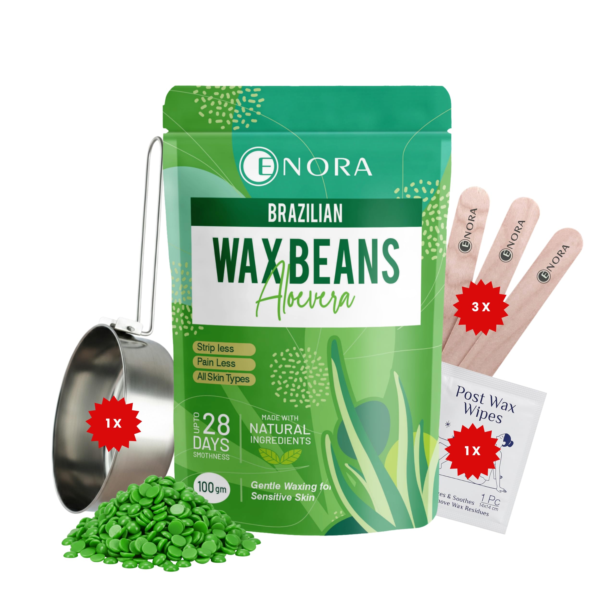 ENORA Brazilian Face Wax/Katori Wax for Women (100g) | India’s 1st Liposoluble Stripless Wax | Pan with Handle & Spatula | Natural Ingredients | For Upper Lips, Chin, Cheeks & Hairline (100 Gram, ALOEVERA)