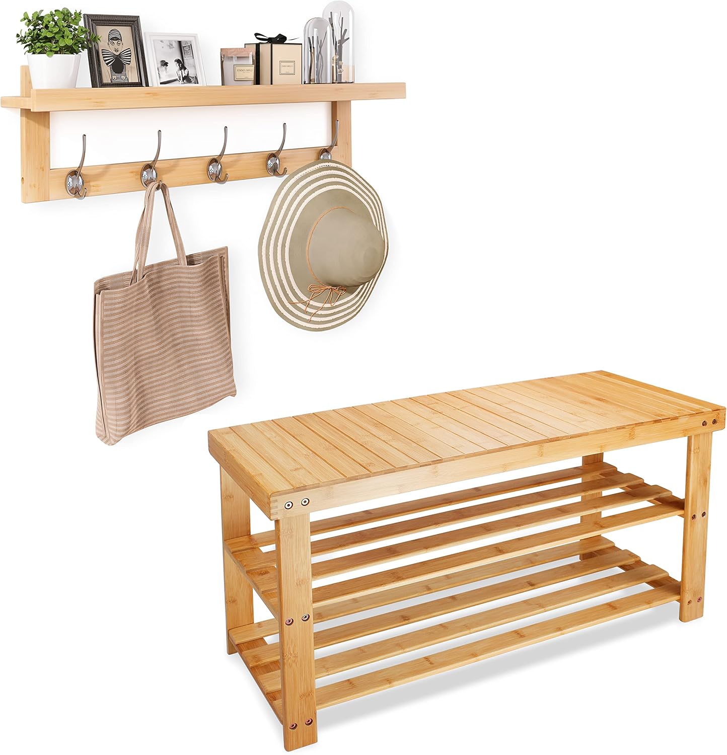 SMIBUY 3-Tier Bamboo Shoe Rack Bench Shelf for Entryway Hallway Bathroom and 29.2 Inch Coat Hooks with Shelf Wall-Mounted with 5 Double Metal Hooks (Natural)