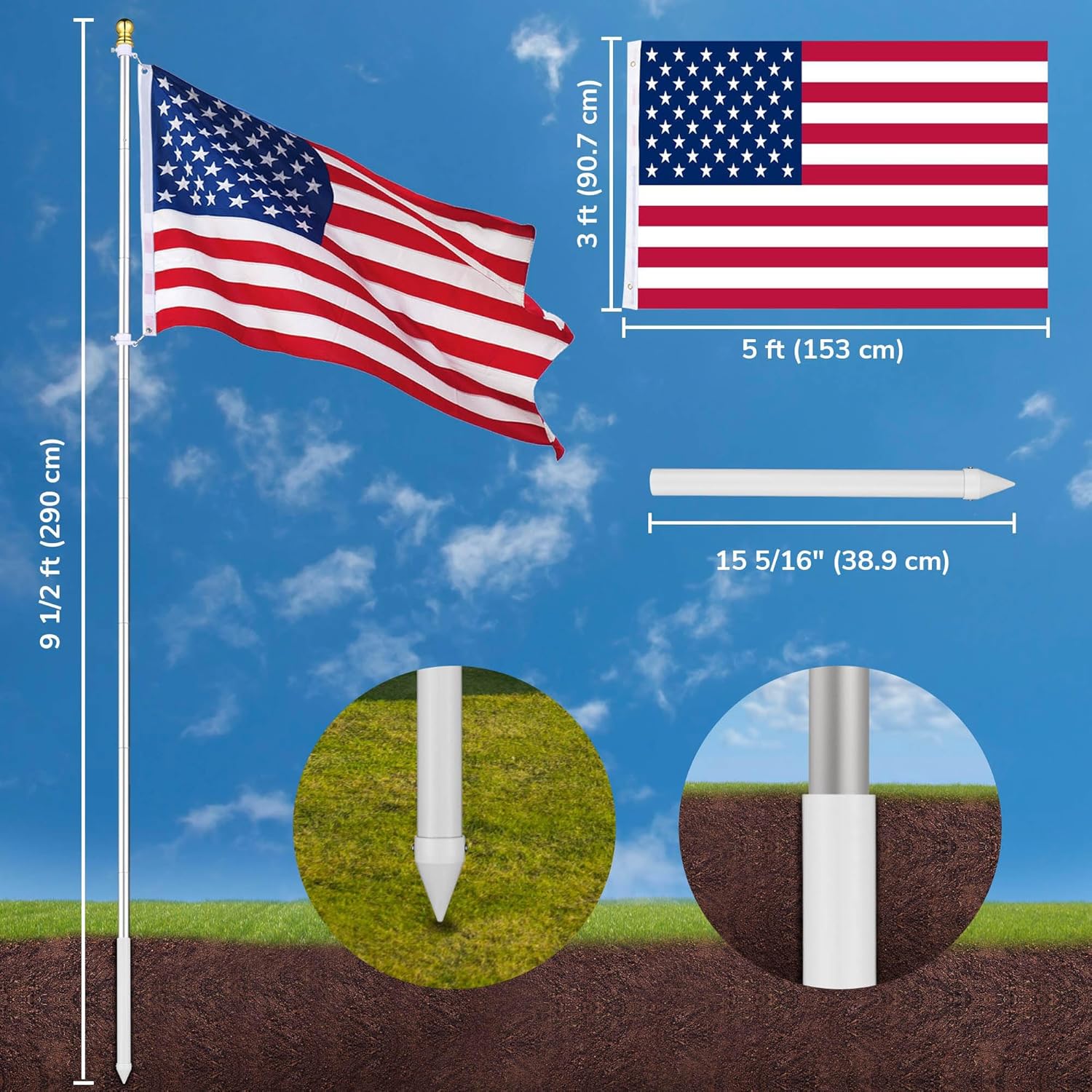 YesHom 10 Ft Aluminum Outdoor Flag Pole Kit in Ground American Flag Ball Top with Stake