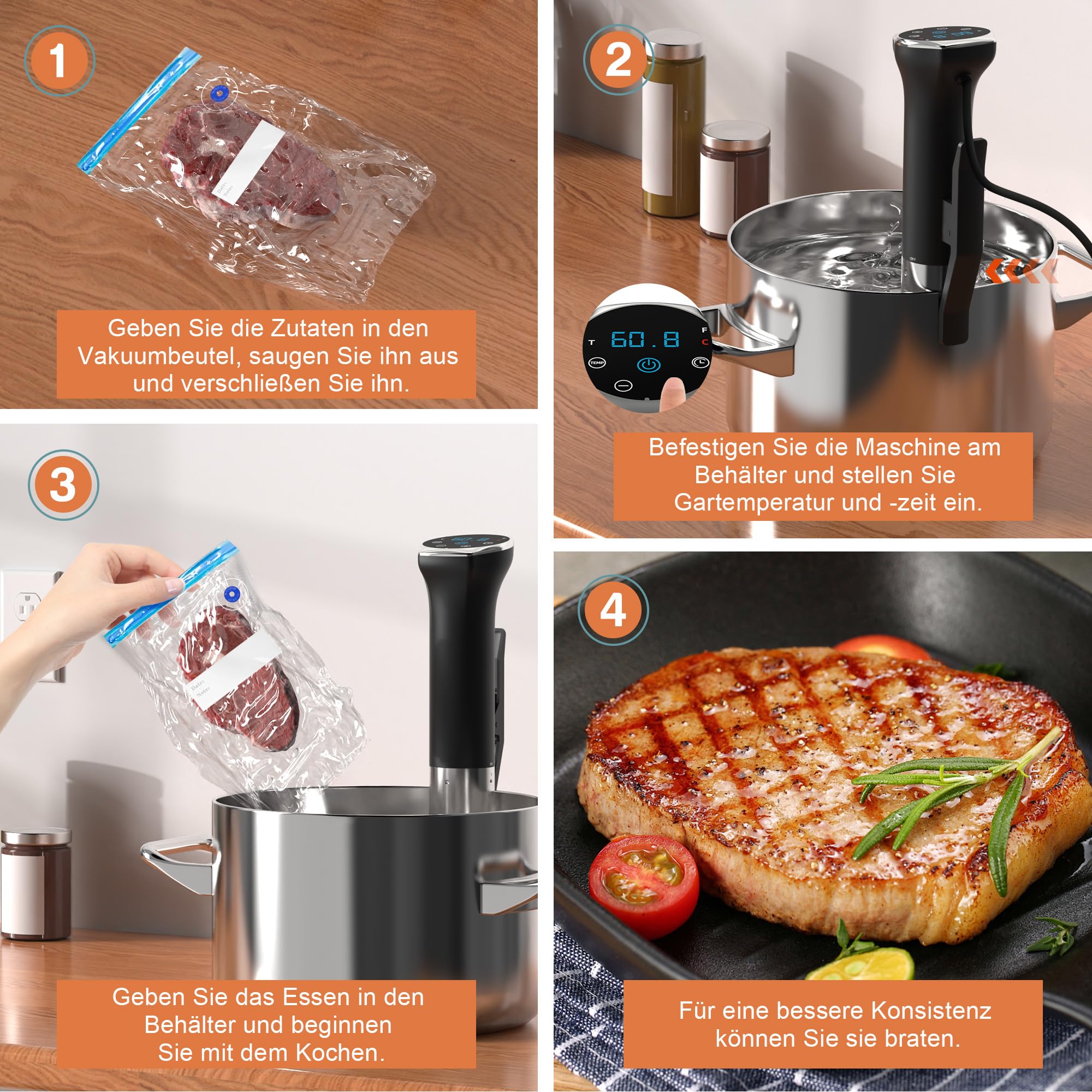Karinear Sous Vide Garer Stick | APP-Steuerung | WIF (2.4G) | 1400W Sous-Vide Stick | 10-90°C, 1-99 Min. Timer | 360° Zirkulation | Suvide Garer stick
