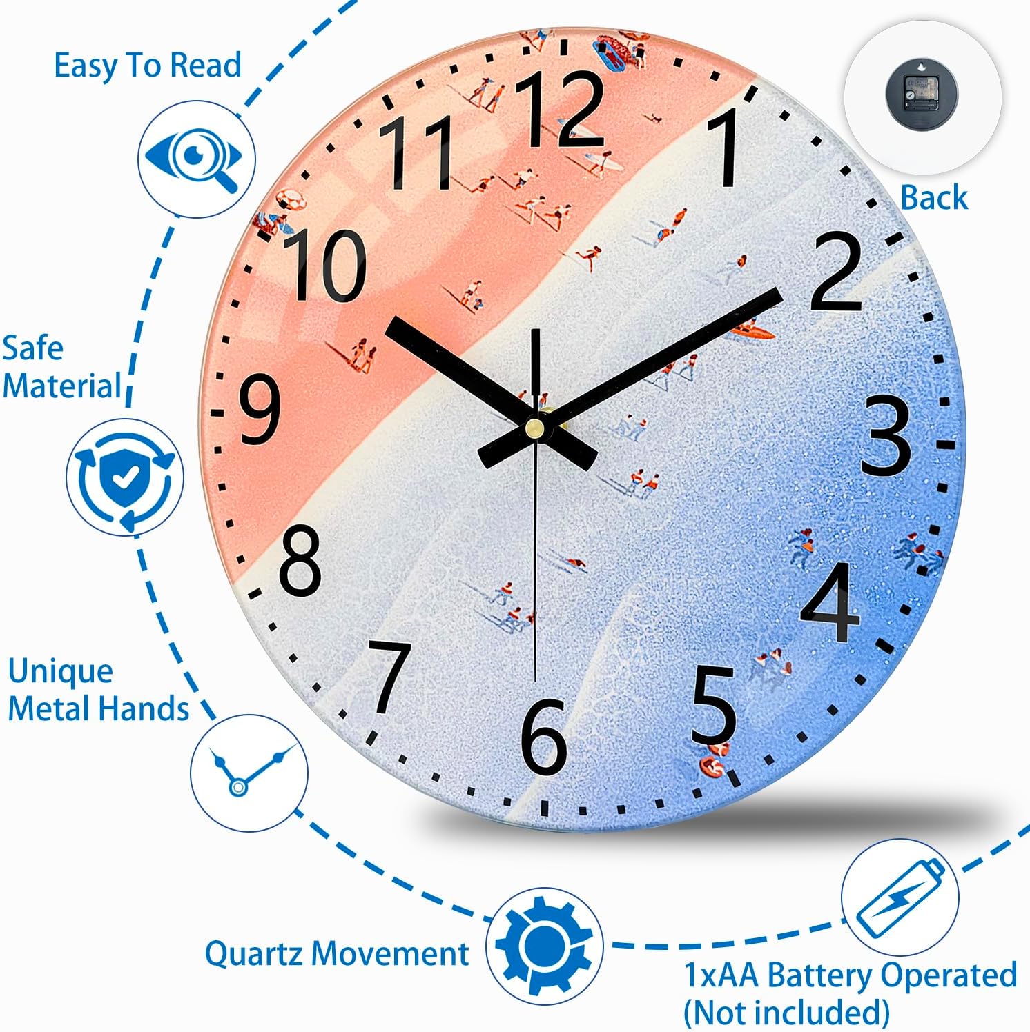 Pink Beach Wall Clocks, 8 Inch Glass Silent Battery Operated Clock image 5