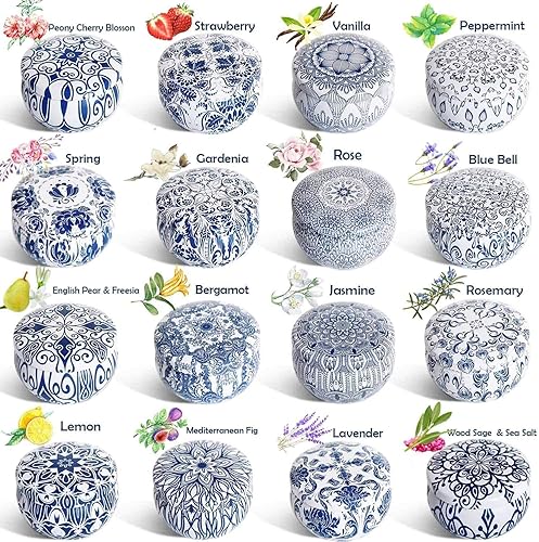Miniatura 6 de JHENG Juego de 16 velas pequeñas perfumadas de cera de soja para aromaterapia, velas de lata portátiles de 2.5 onzas con tapa, cesta de regalo de