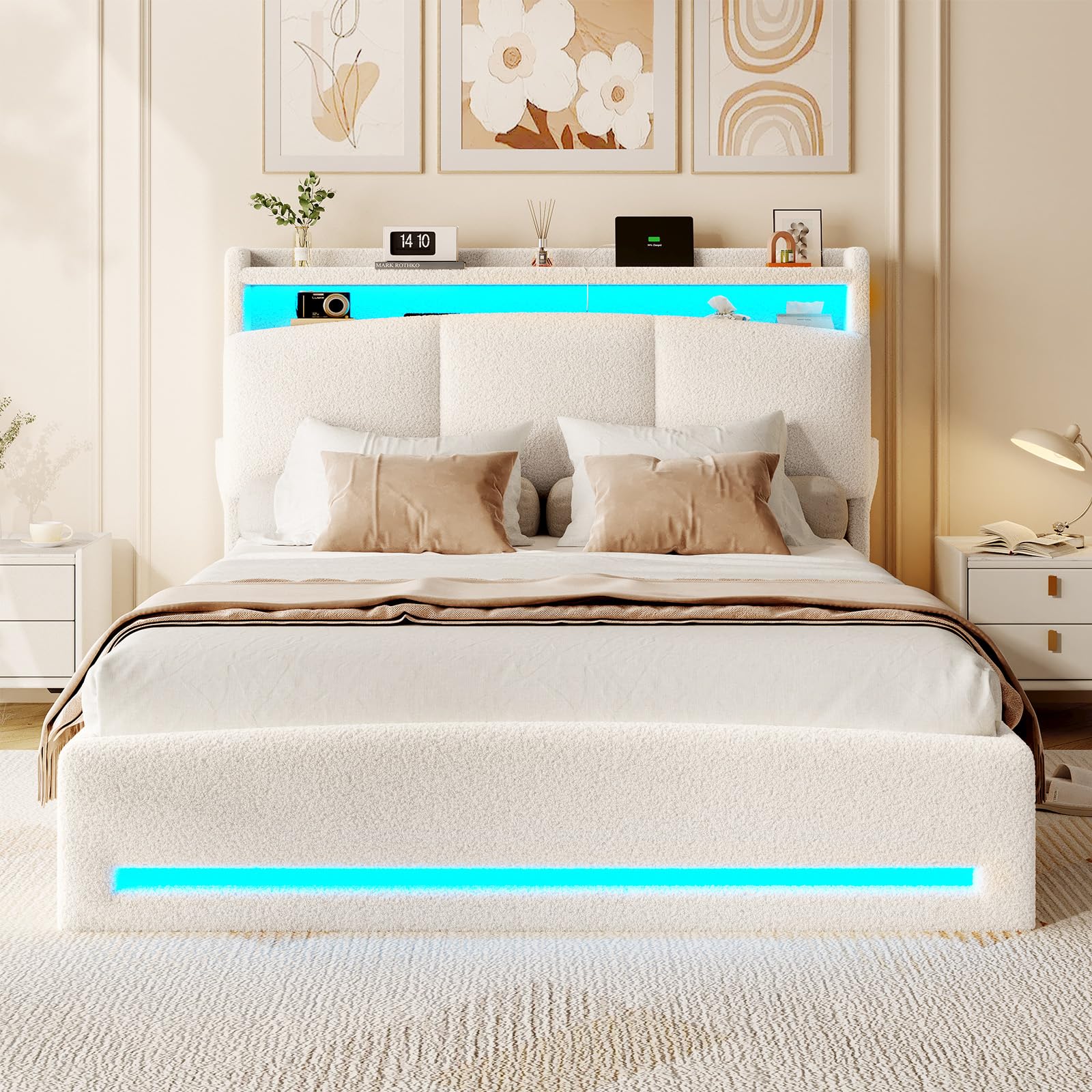 AOGLLATI Polsterbett 140×200 mit Steckdosen und LED-Beleuchtung, Doppelbett mit Stauraum Kopfteil, Bett 140×200 mit Hydraulische Metallrahmen und Lattenrost aus Holz, Bouclé, Beige（Ohne Matratze）