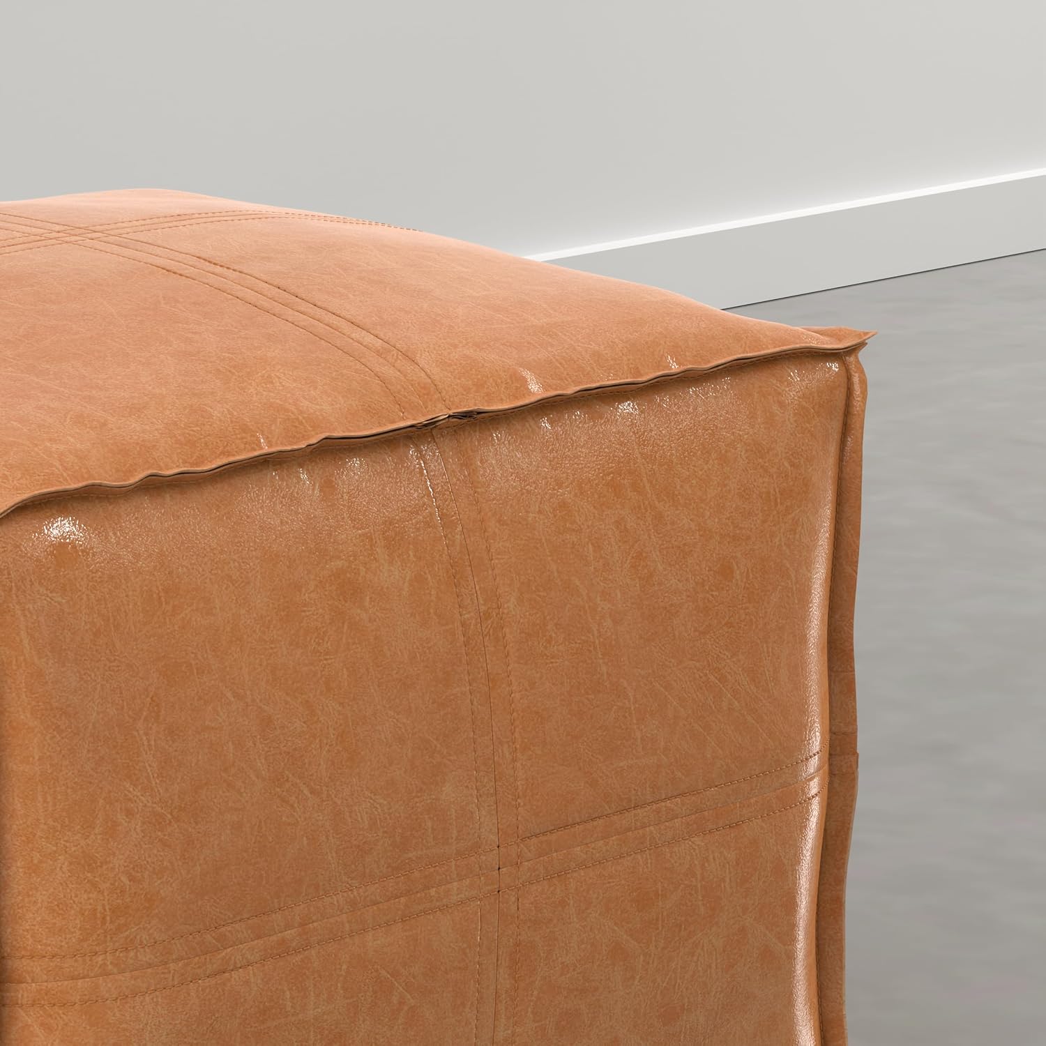 SIMPLIHOME Brody Square Pouf - 18" Wide x 14" High Upholstered Vegan Leather Ottoman in Distressed Camel, Boho Footstool, Coffee Table or Extra Seating for Living Room or Bedroom, Assembled