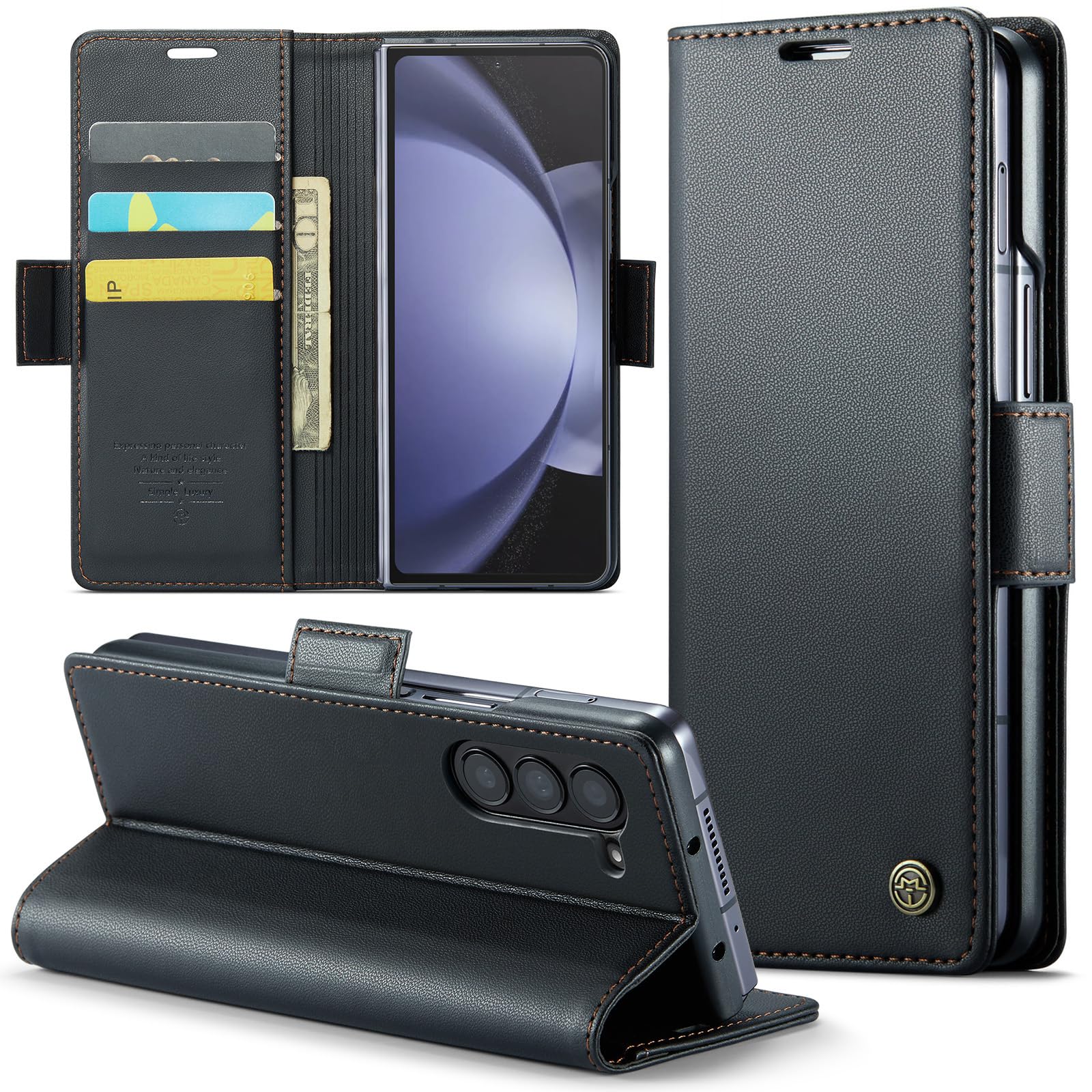 for Samsung Z Fold 5 Wallet Case with RFID Blocking, Card Holder Magnetic Closure Shockproof Kickstand Protective PU Leather Case for Samsung Z Fold 5 Flip Case Wallet - Black