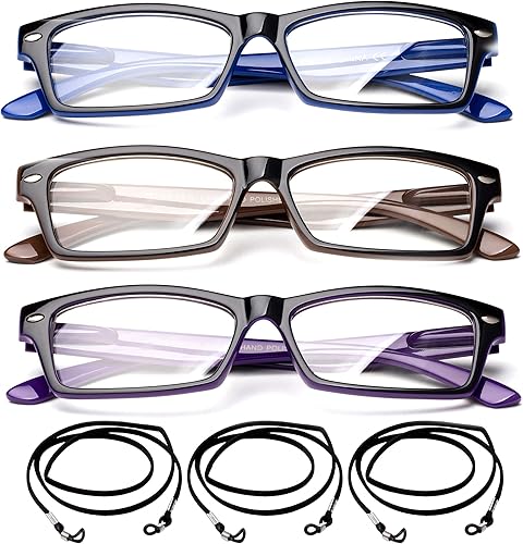 Paquete de 3 gafas de lectura de dos tonos, color azul, morado, marrón, elegante y moderno, para hombres y mujeres, gafas de lectura con cuerdas,