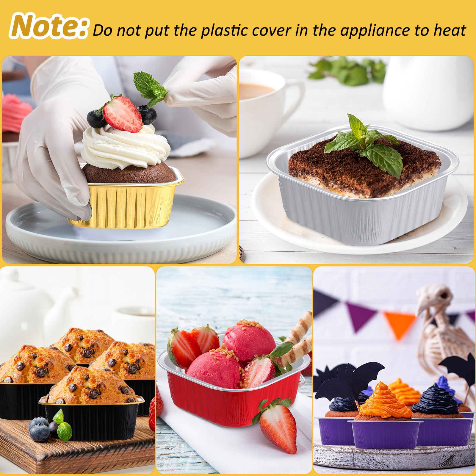 150 tazas de papel de aluminio de 10 onzas con tapas, tazas cuadradas para hornear, moldes desechables para hornear, moldes para cupcakes, para alimentos, brownie, pudín, postres, hornear, cocina,