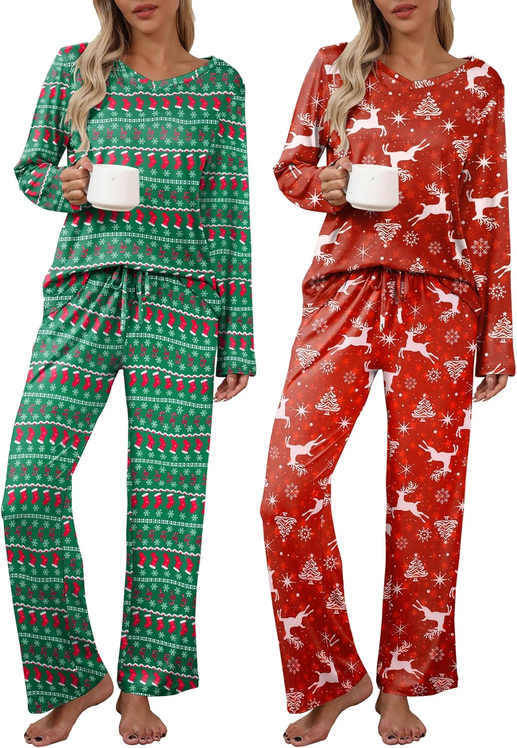 Ekouaer Womens 2 Pack Pajama Set Short & Long Sleeve Pajamas Top and Pants V Neck Pjs Set Soft Loungewear with Pockets - Image 2