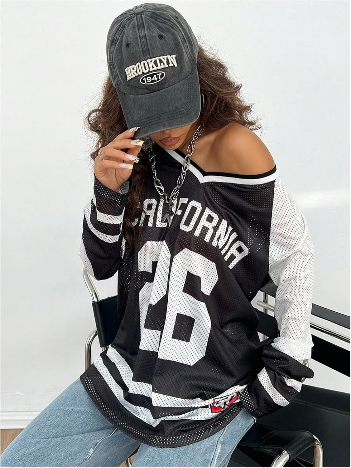 SOLY HUX Women's Y2k Blokette Jersey Shirts Oversized Mesh Number Graphic Tees V Neck Long Sleeve T Shirt Tops - Image 3