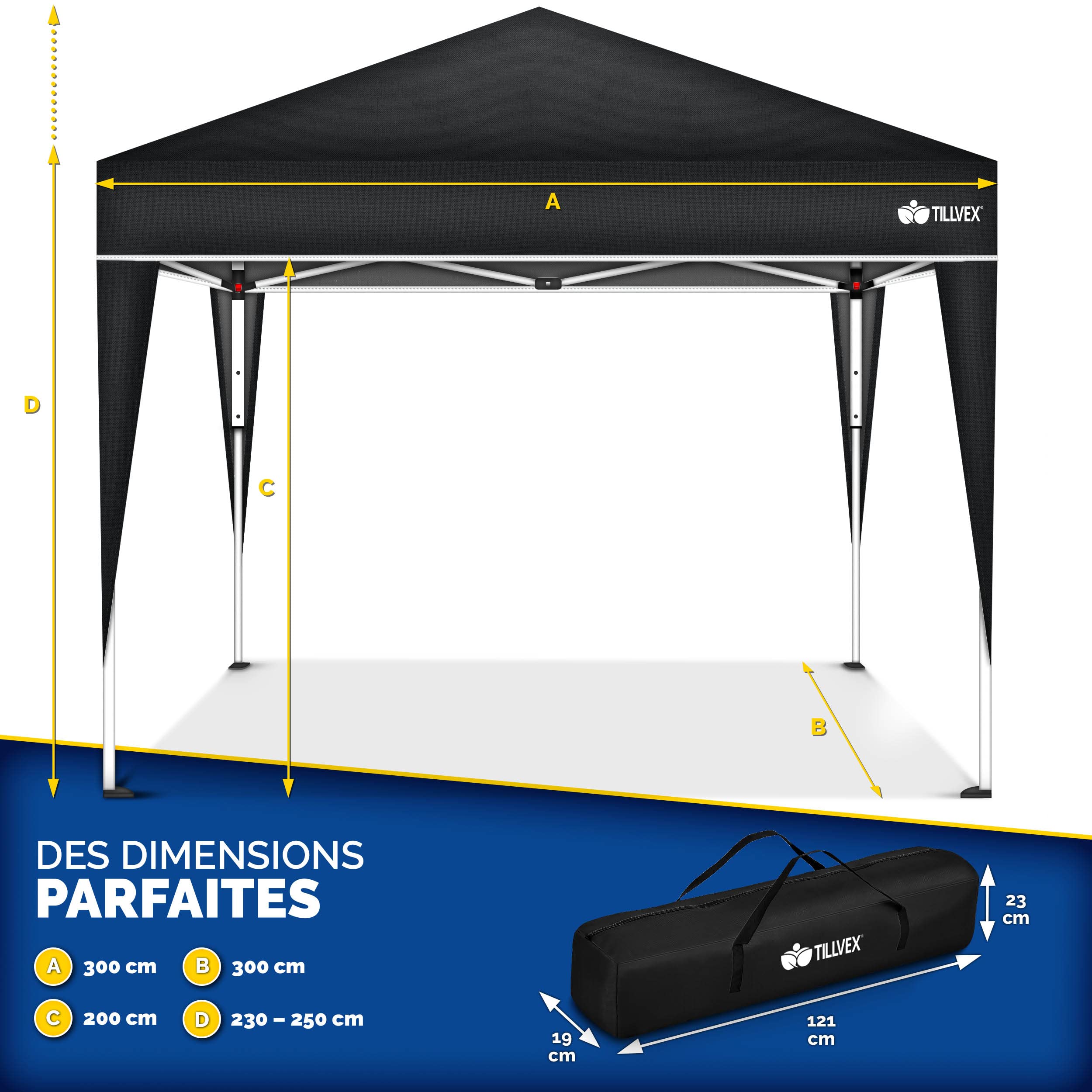 tillvex Tonnelle de Jardin 3 x 3 m Pliable | Tente Pliante à Hauteur réglable | Auvent pour Camping, Festival, Plage | Protection UV 50+ | Chapiteau avec Sac
