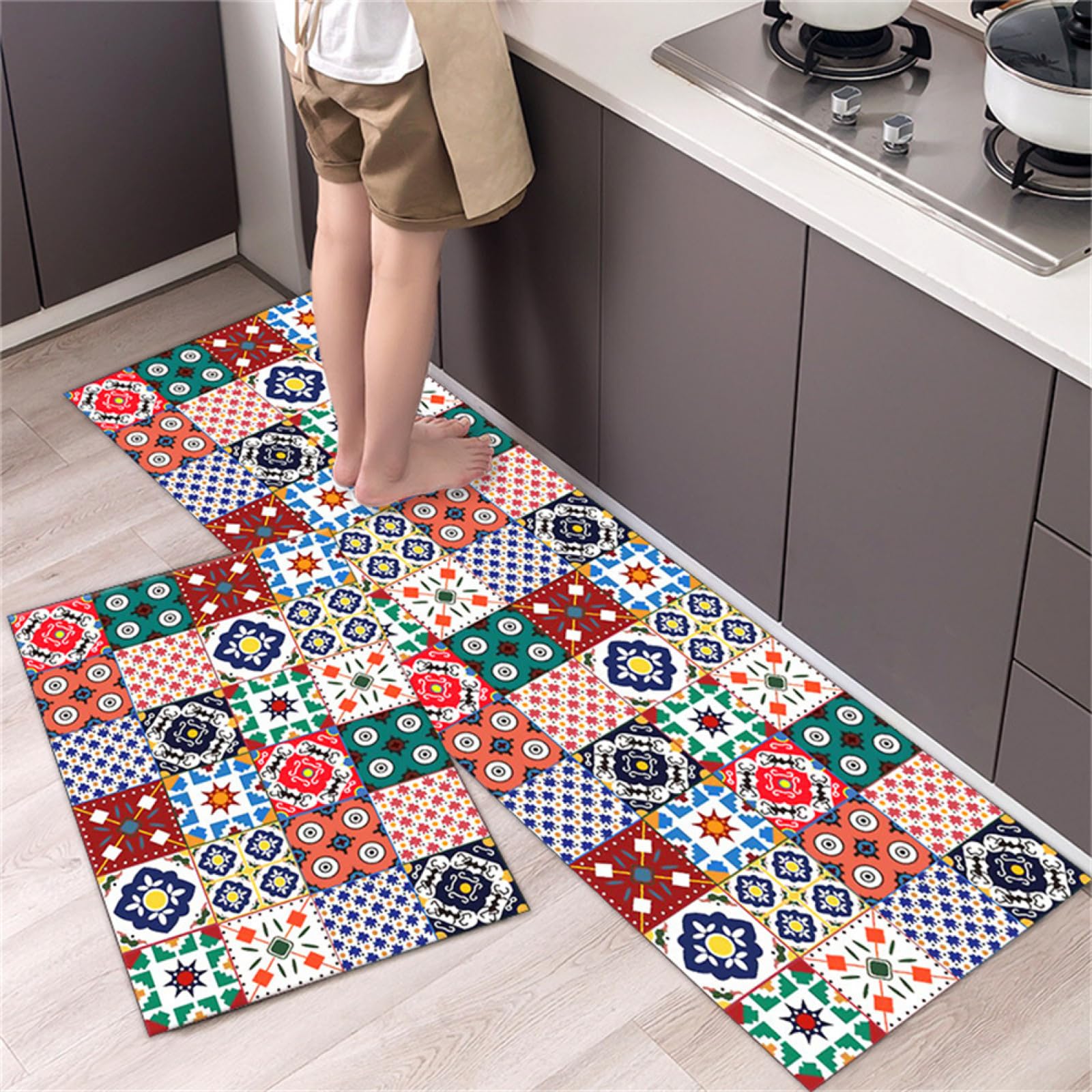 Tapis de sol cuisine 80x200cm lavable et tapis couloir floral blanket